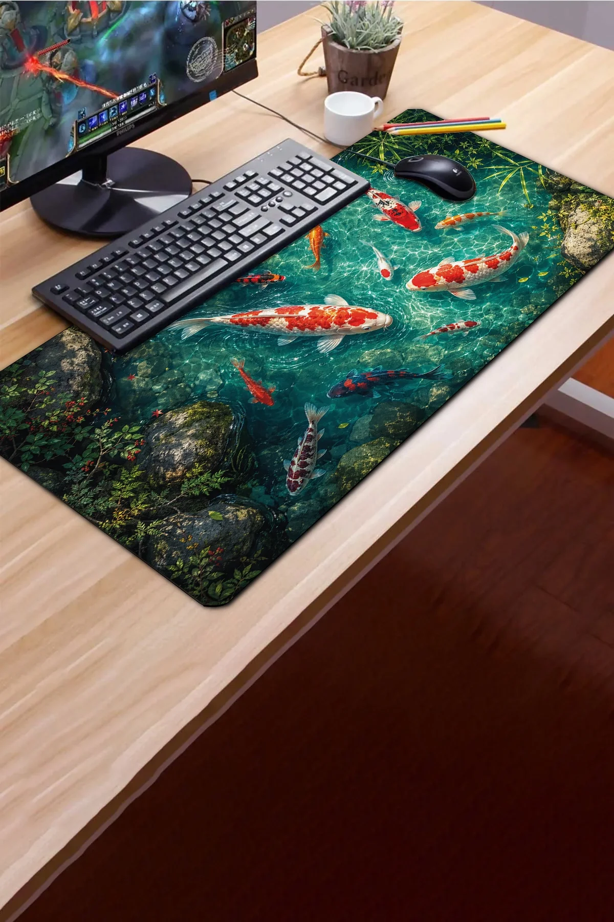 SonicTouch Klavye Mousepad 40x90cm Turkuaz Koi Gölü Dikişsiz Pürüzsüz Sıvı Geçirmez Kaymaz Taban