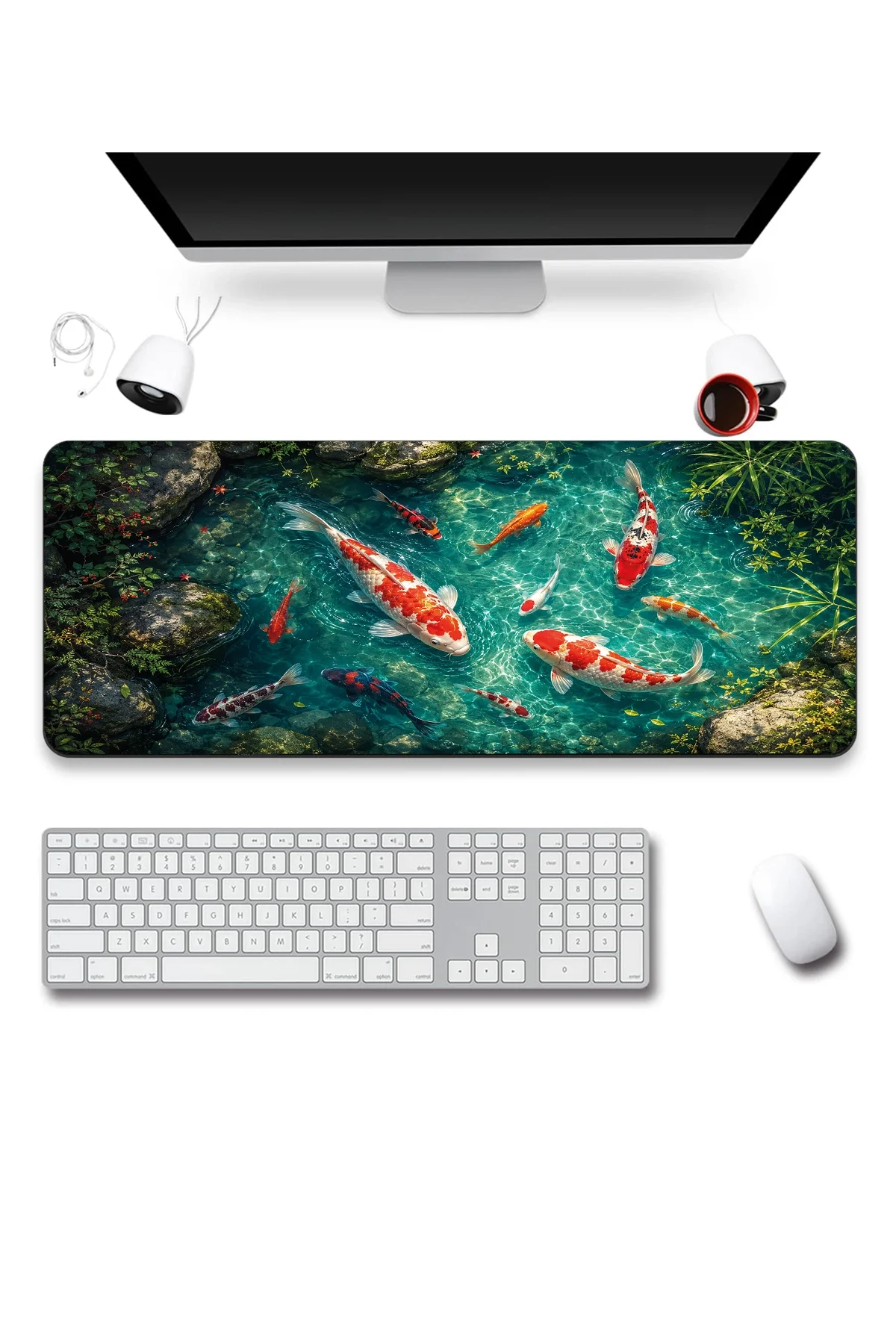 SonicTouch Klavye Mousepad 40x90cm Turkuaz Koi Gölü Dikişsiz Pürüzsüz Sıvı Geçirmez Kaymaz Taban