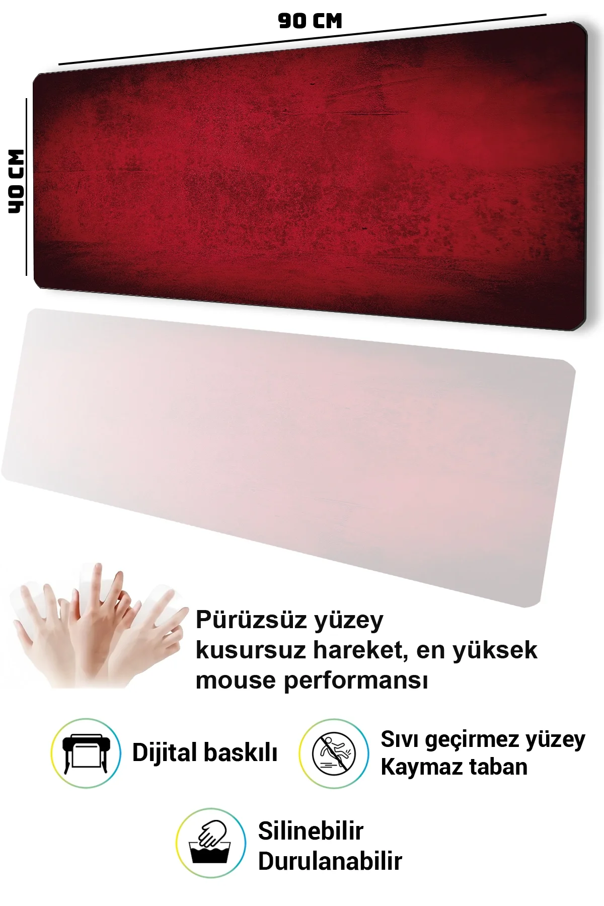 SonicTouch Klavye Mousepad 40x90cm Kızıl Doku Dikişsiz Pürüzsüz Sıvı Geçirmez Kaymaz Taban