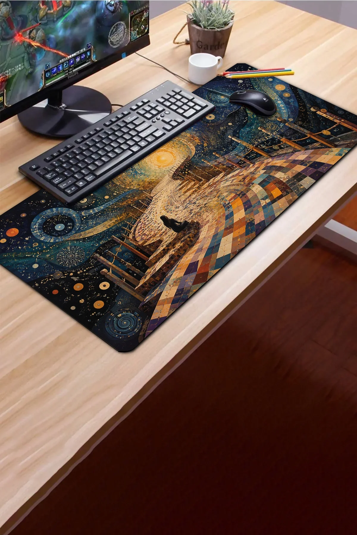 SonicTouch Klavye Mousepad 40x90cm Kozmik Mozaik Yol Dikişsiz Pürüzsüz Sıvı Geçirmez Kaymaz Taban