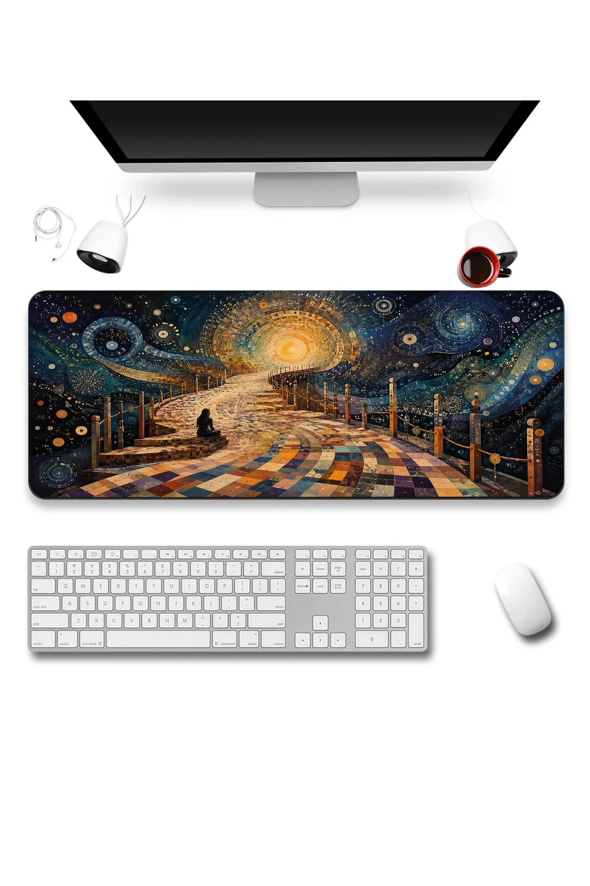 SonicTouch Klavye Mousepad 40x90cm Kozmik Mozaik Yol Dikişsiz Pürüzsüz Sıvı Geçirmez Kaymaz Taban
