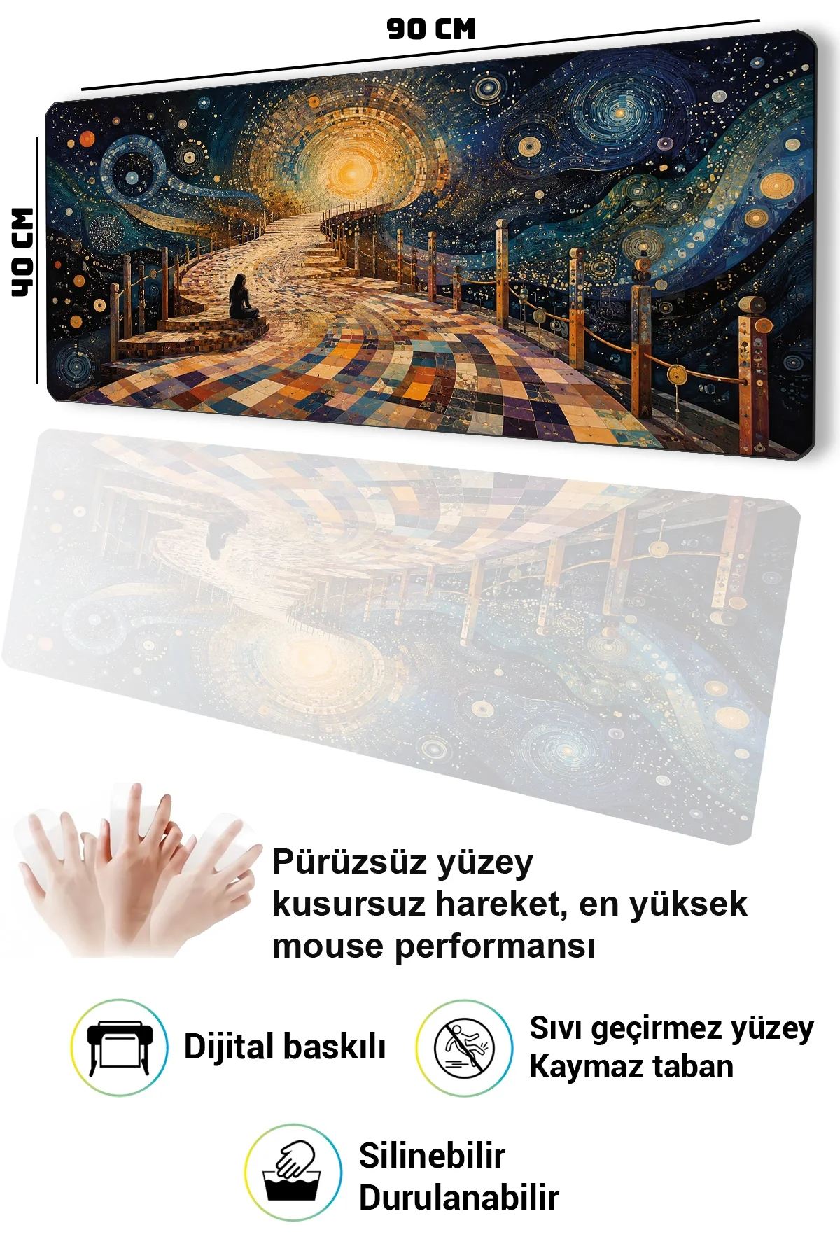 SonicTouch Klavye Mousepad 40x90cm Kozmik Mozaik Yol Dikişsiz Pürüzsüz Sıvı Geçirmez Kaymaz Taban