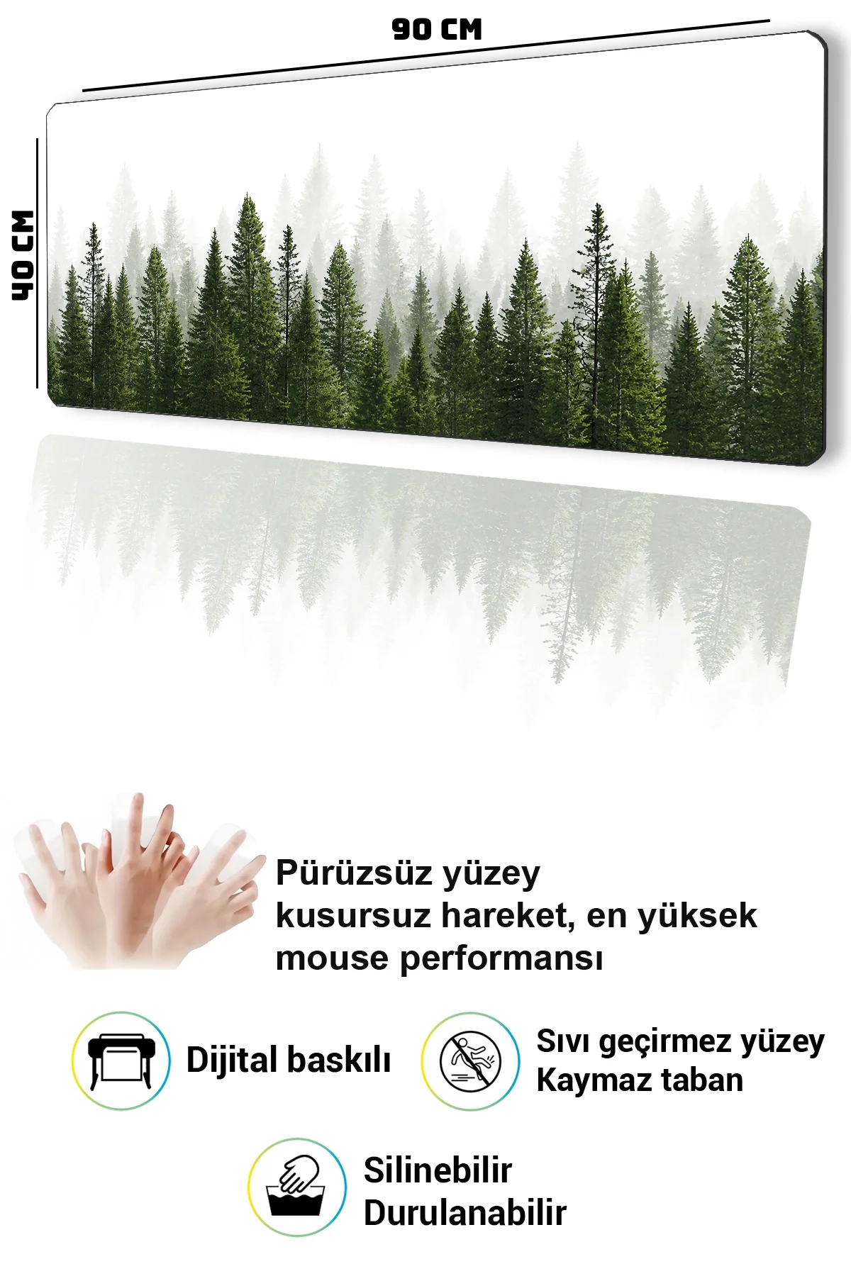SonicTouch Klavye Mousepad 40x90cm Sisli Çamlar Dikişsiz Kenar Pürüzsüz Sıvı Geçirmez Kaymaz Taban