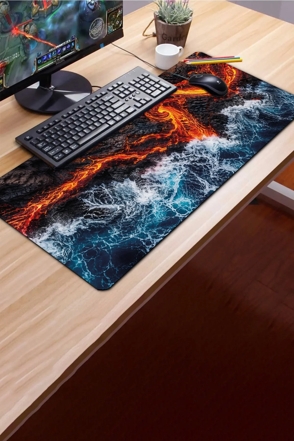 SonicTouch Klavye Mousepad 40x90cm Ateş ve Okyanus Dikişsiz Pürüzsüz Sıvı Geçirmez Kaymaz Taban