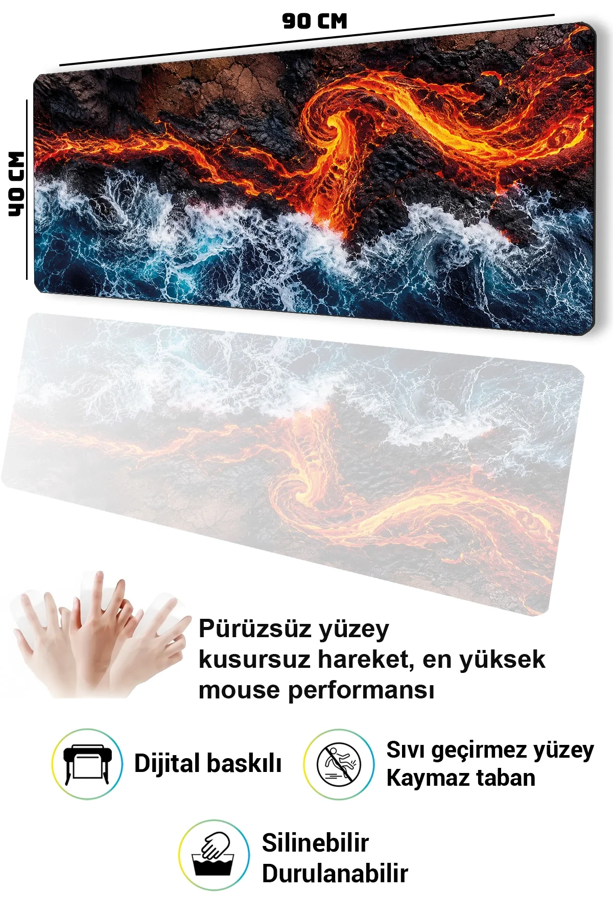SonicTouch Klavye Mousepad 40x90cm Ateş ve Okyanus Dikişsiz Pürüzsüz Sıvı Geçirmez Kaymaz Taban