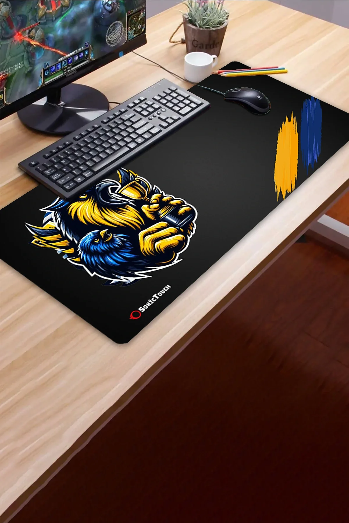 SonicTouch Kupa Avcısı Kanarya Sarı Lacivert Dikişsiz Pürüzsüz Sıvı Geçirmez XXL Gamer Klavye Mousepad 40x90cm