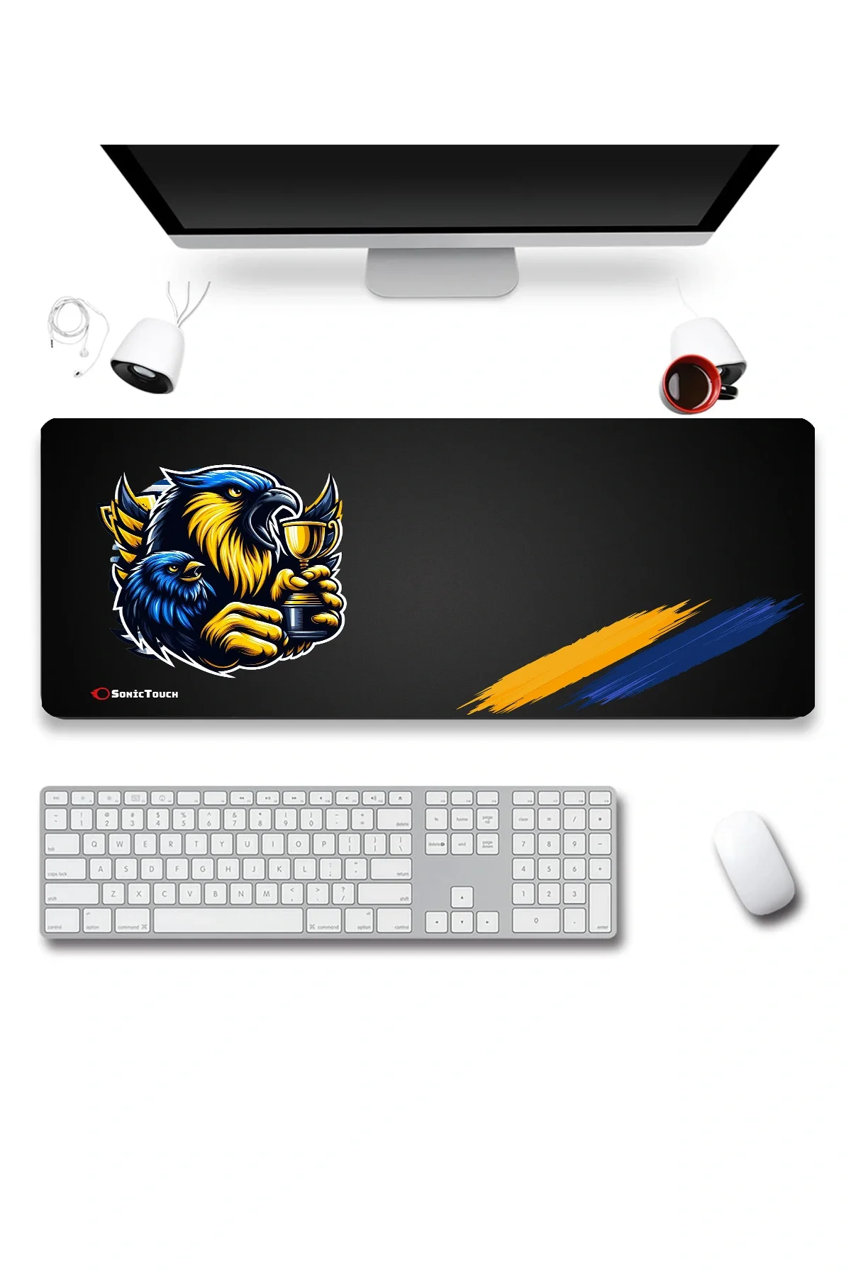 SonicTouch Kupa Avcısı Kanarya Sarı Lacivert Dikişsiz Pürüzsüz Sıvı Geçirmez XXL Gamer Klavye Mousepad 40x90cm