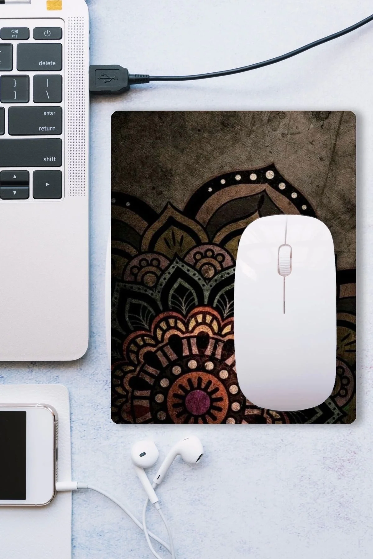 SonicTouch Mandala Desenli Kahverengi Çiçekli Kaydırmaz Gaming Oyuncu Dikişsiz Mouse Pad17x21cm