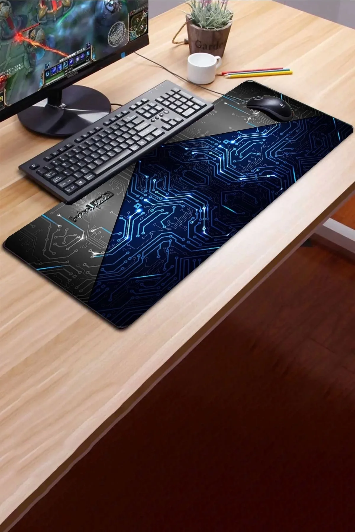 SonicTouch Mavi Devre Desenli Kaymaz Gaming Oyuncu Masaüstü Dikişsiz Klavye Mouse Pad 32x70Cm