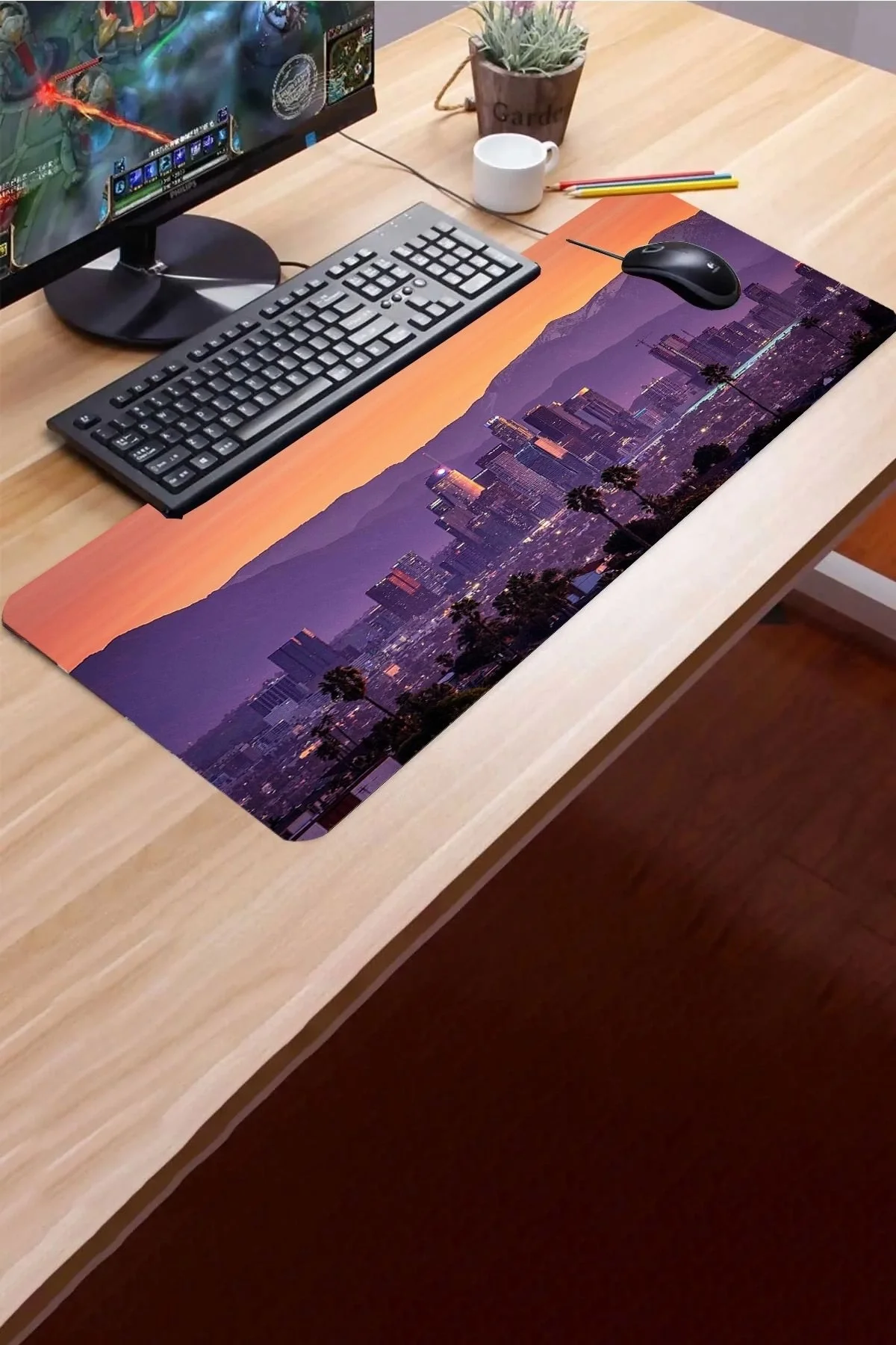 SonicTouch Metropol Gün Batımı Temalı Kaymaz Gaming Oyuncu Masaüstü Dikişsiz Klavye Mouse Pad 32x70Cm