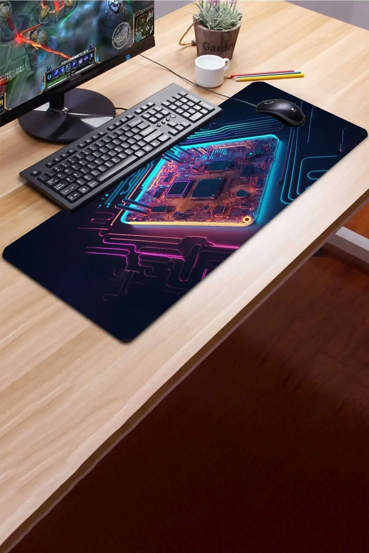 SonicTouch Neon Işıklı Çip Devre Kaymaz Gaming Oyuncu Masaüstü Dikişsiz Mavi Pembe Klavye Mouse Pad 32x70Cm