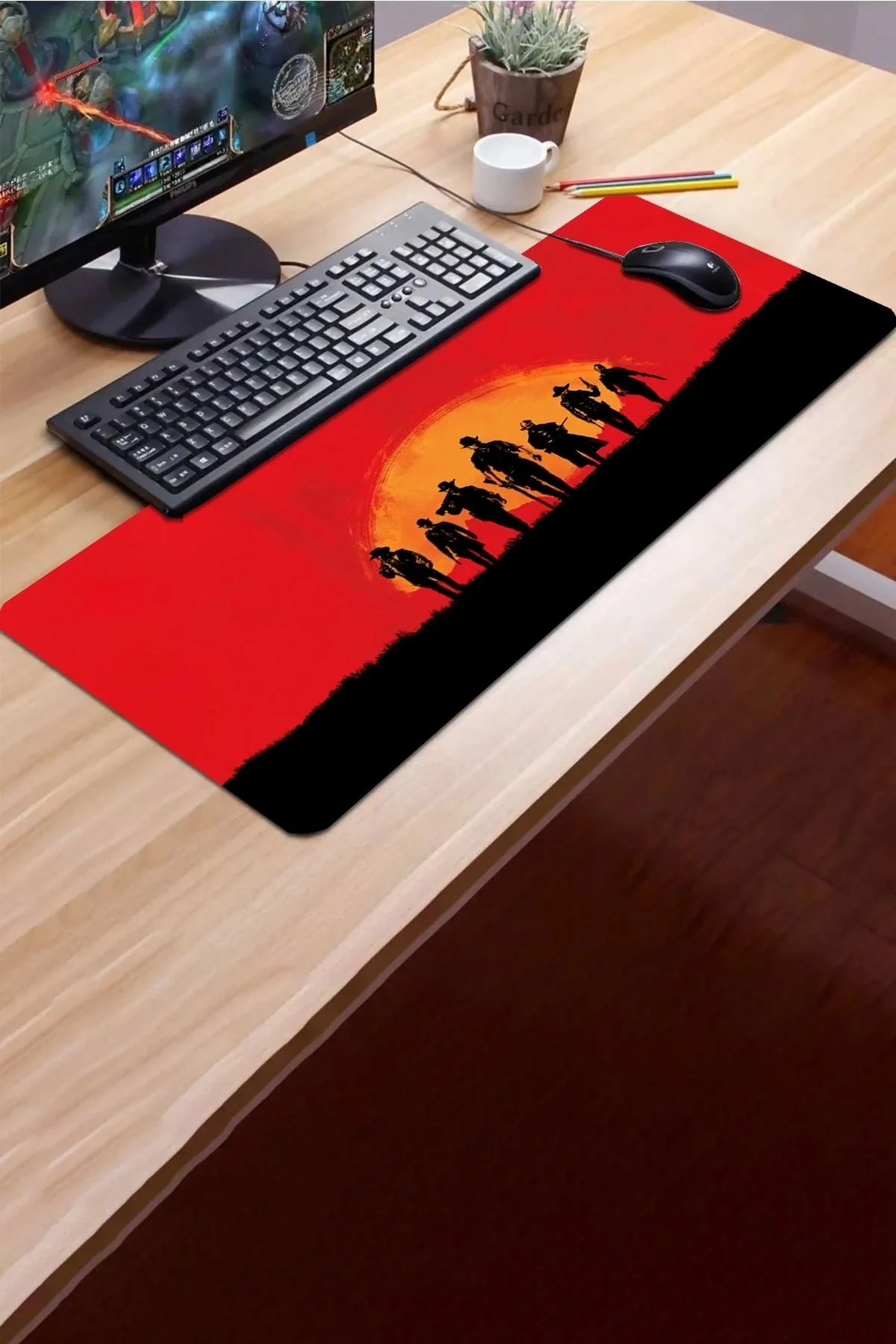 SonicTouch Red Dead Redemption Kaymaz Gaming Oyuncu Masaüstü Dikişsiz Kırmızı Klavye Mouse Pad 32x70Cm