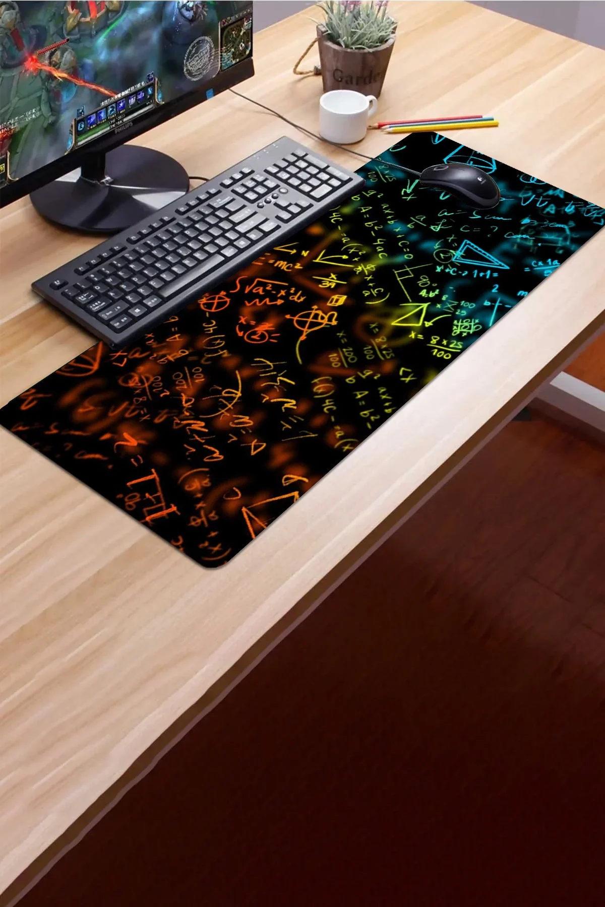 SonicTouch Mavi Turuncu Neon Matematik Tahtası Gamer Oyuncu Dikişsiz Sıvı Geçirmez Klavye Mouse Pad 32x70Cm