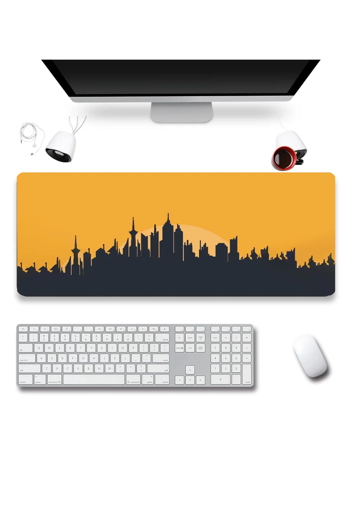 SonicTouch Şehir Silüeti Temalı Sarı Siyah Gamer Oyuncu Dikişsiz Sıvı Geçirmez Klavye Mouse Pad 32x70Cm