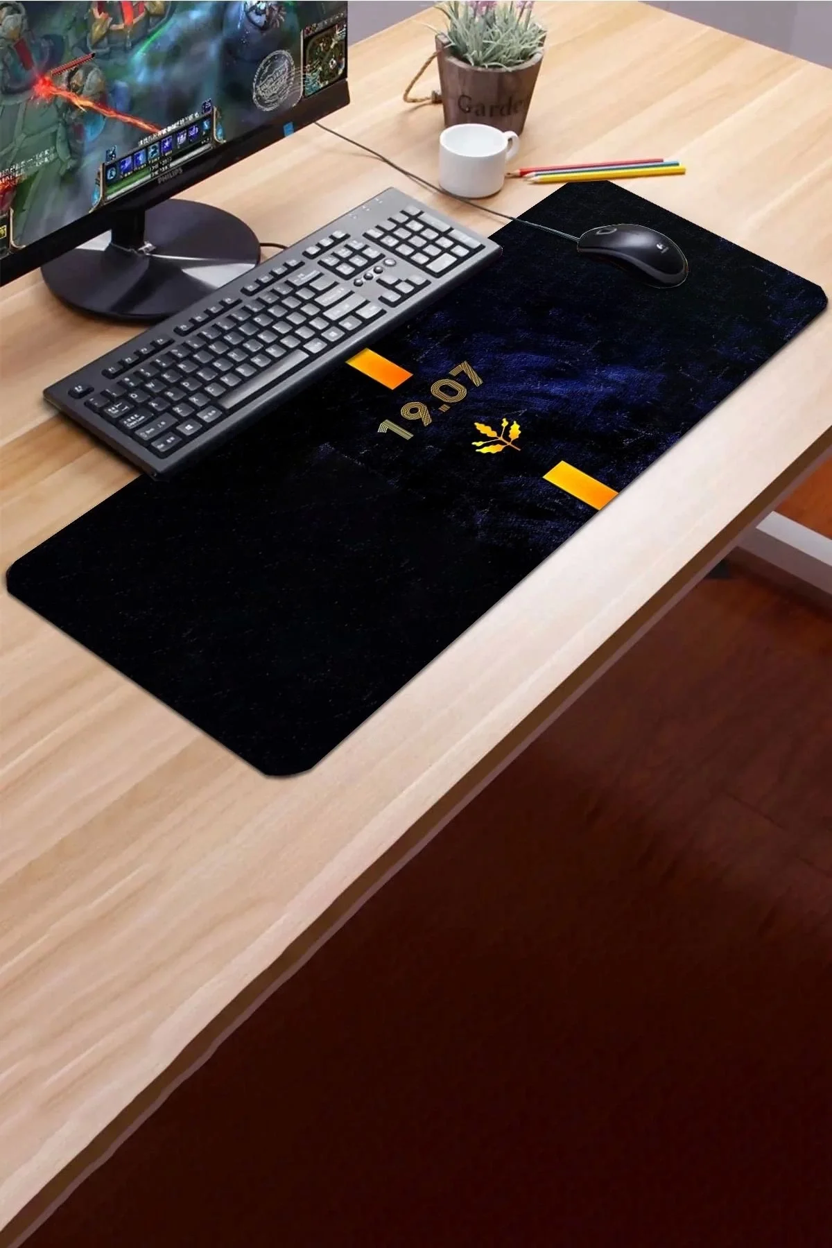 SonicTouch Sarı Lacivert 1907 Gamer Gaming Oyuncu Masaüstü Dikişsiz Kaymaz Klavye Mouse Pad 32x70Cm