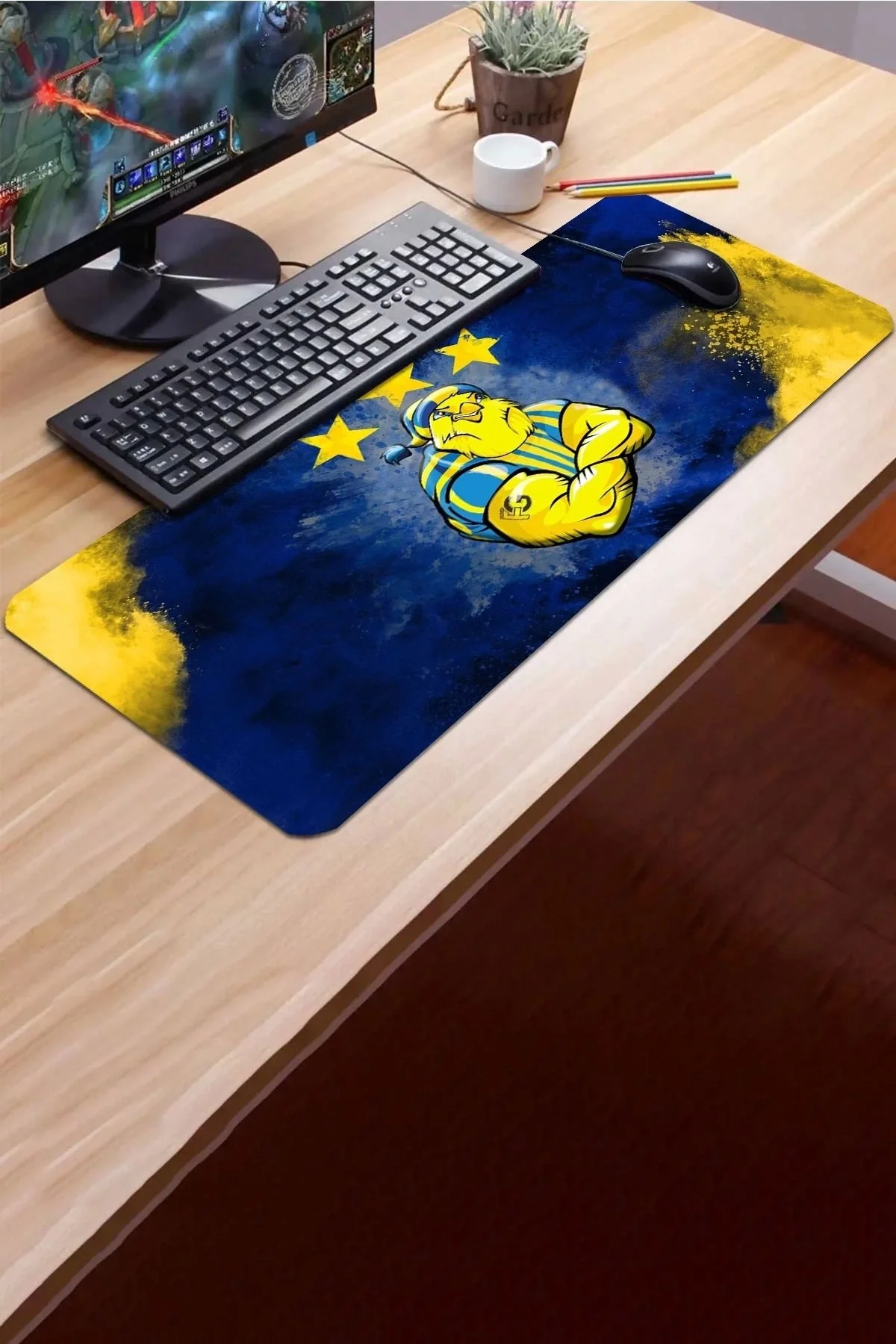 SonicTouch Sarı Lacivert Yıldız Kanaryalı Kaymaz Gaming Oyuncu Masaüstü Dikişsiz Siyah Klavye Mouse Pad 32x70Cm