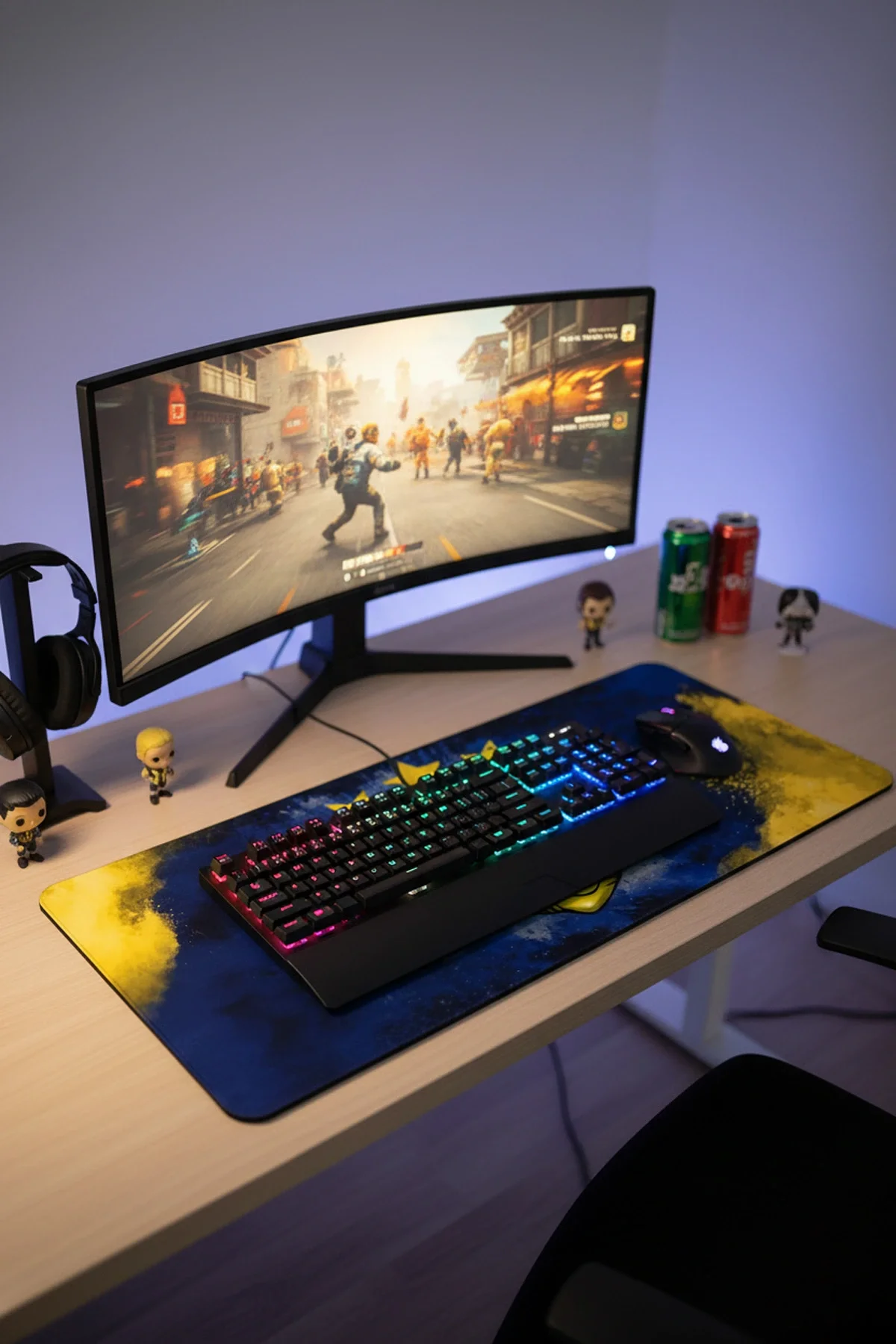 SonicTouch Sarı Lacivert Yıldız Kanaryalı Kaymaz Gaming Oyuncu Masaüstü Dikişsiz Siyah Klavye Mouse Pad 32x70Cm