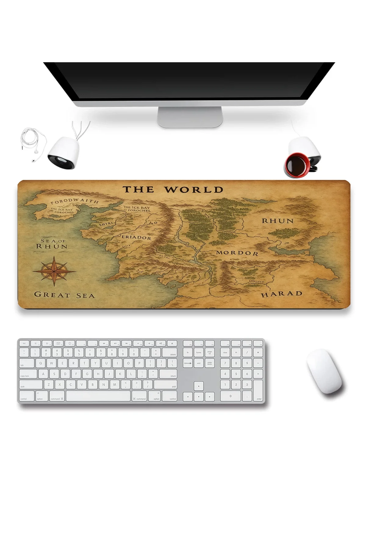 SonicTouch Orta Çağ Haritası World Kahverengi Gamer Oyuncu Dikişsiz Sıvı Geçirmez Klavye Mouse Pad 32x70Cm