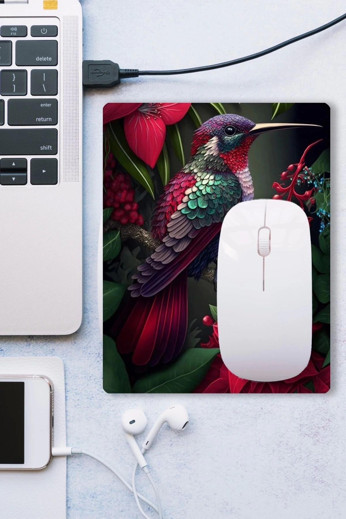 SonicTouch Sinek Kuşu Temalı Pembe Zambak Çiçekli Kaydırmaz Gaming Oyuncu Dikişsiz Mouse Pad17x21cm