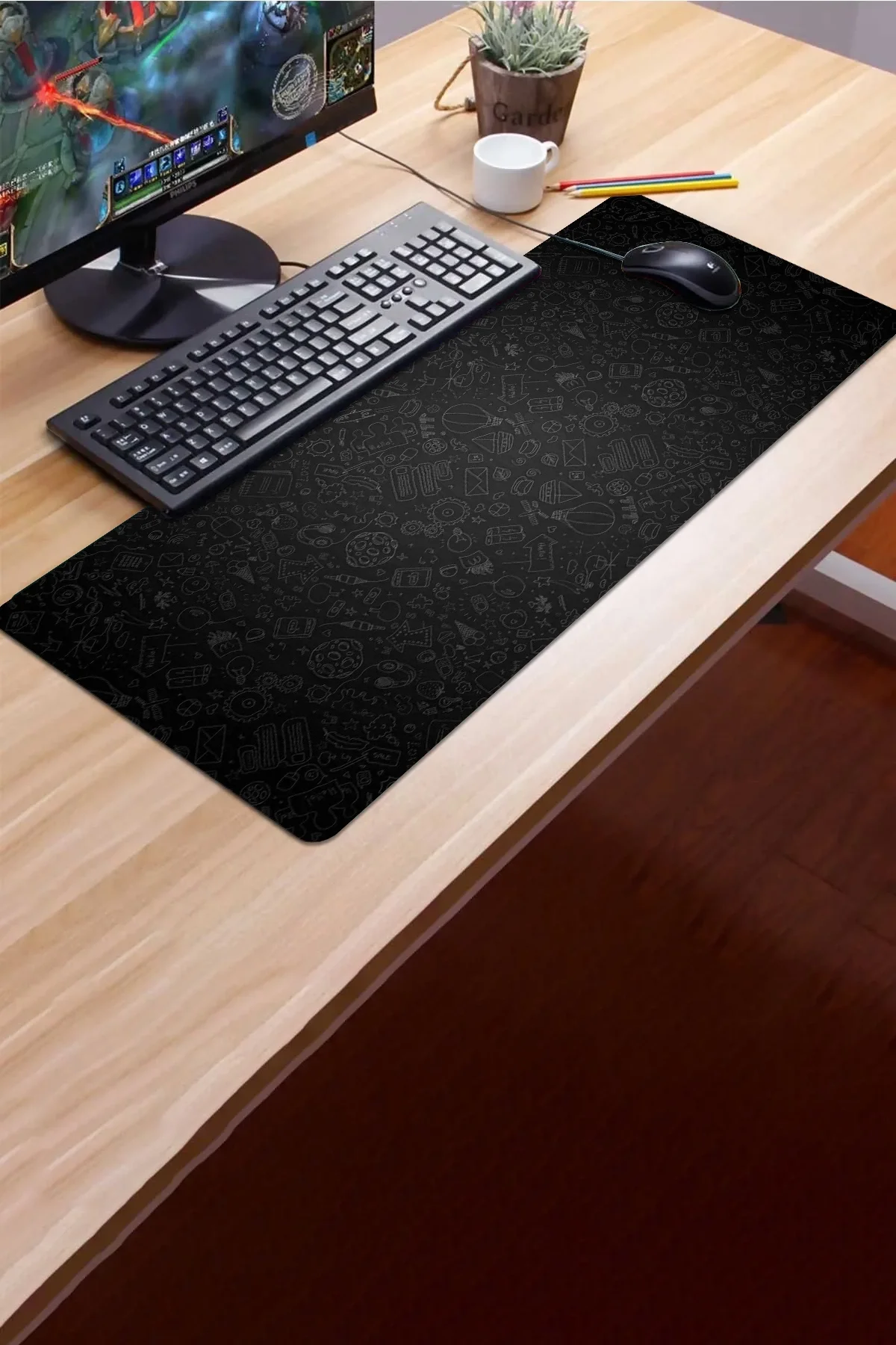 SonicTouch Beyin Fırtınası İkonlar Gamer Oyuncu Dikişsiz Sıvı Geçirmez Klavye Mouse Pad 32x70Cm