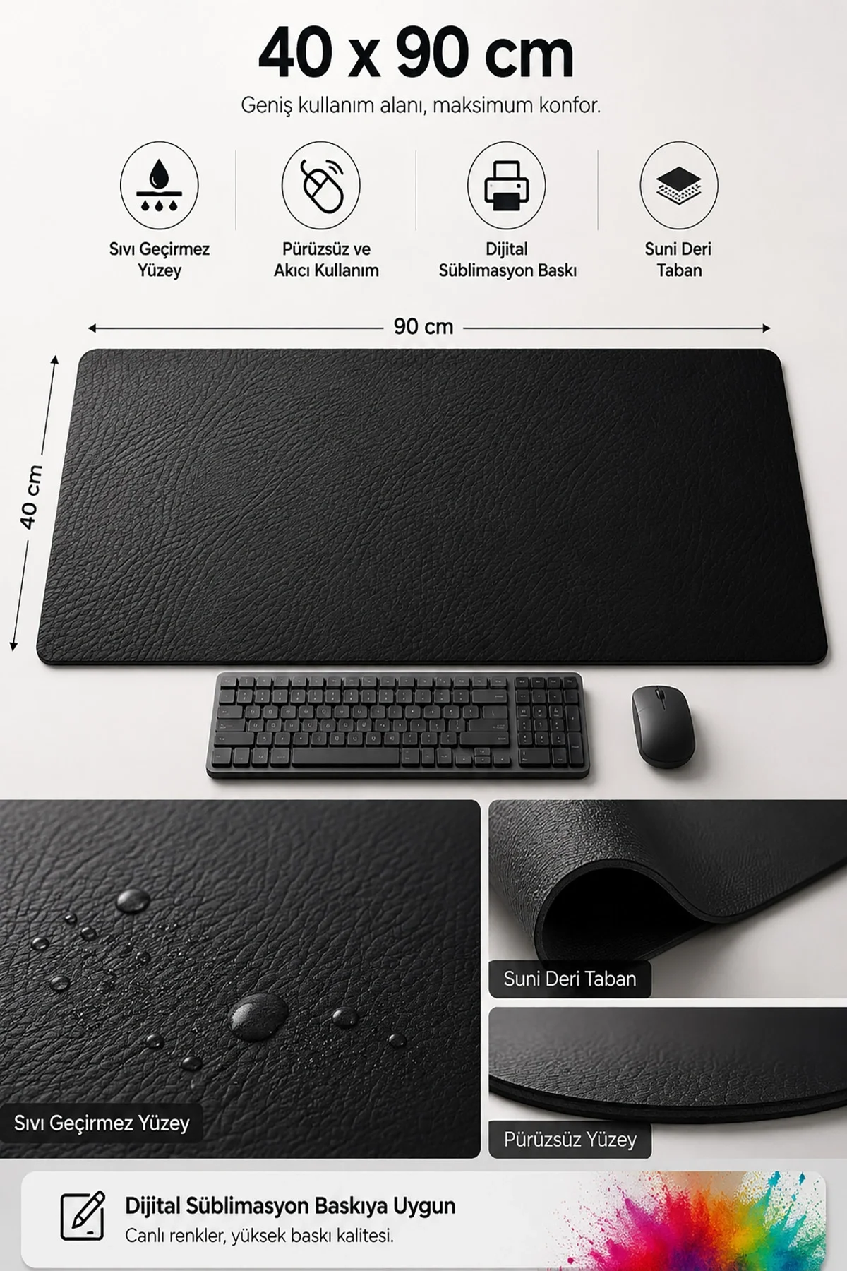 SonicTouch Siyah XXL Gamer Klavye Mouse Pad 40x90cm Kaymaz Tabanlı Dikişsiz Pürüzsüz Yüzey