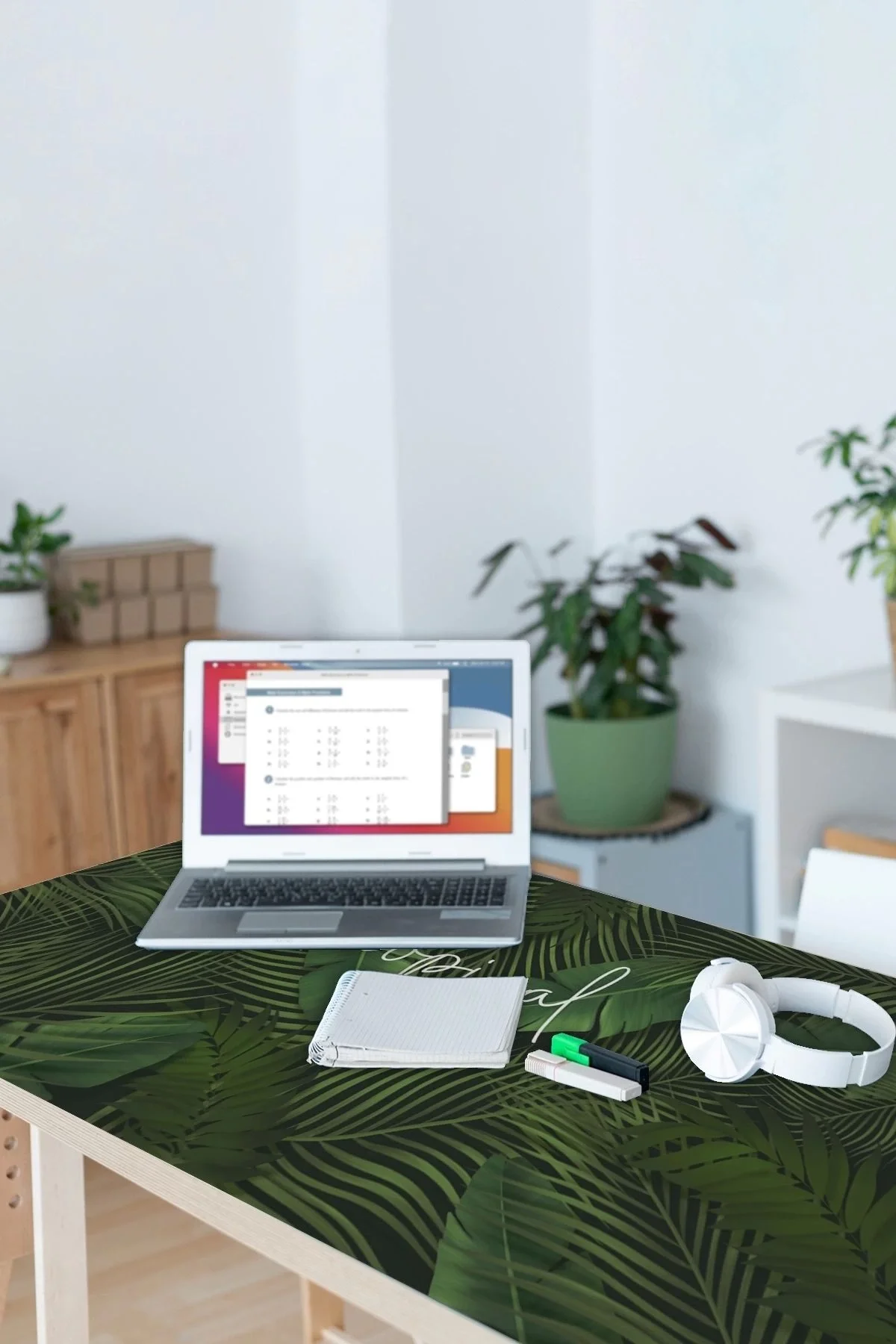 SonicTouch Tropikal Palmiye Yaprağı Kaymaz Deri Dikişsiz Silinebilir Yıkanabilir Yeşil Masa Matı Pad 70x140cm