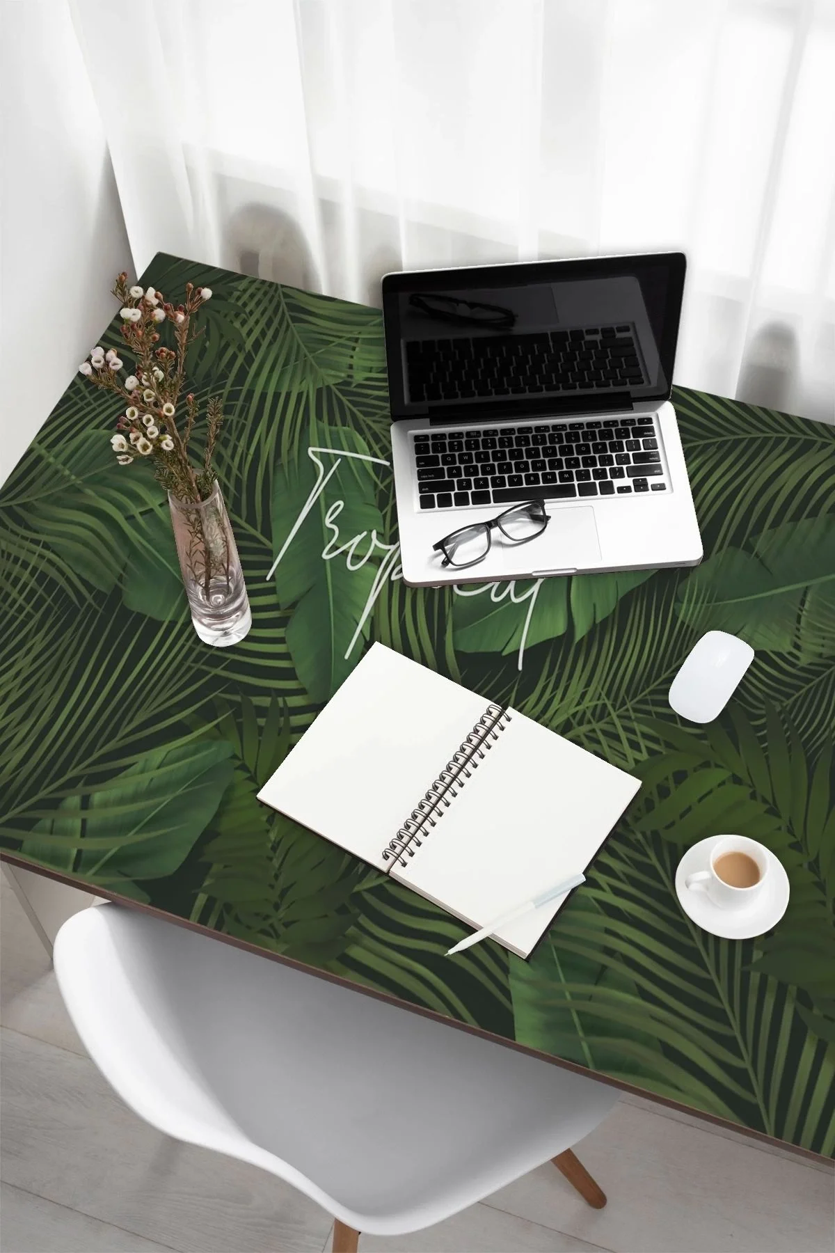 SonicTouch Tropikal Palmiye Yaprağı Kaymaz Deri Dikişsiz Silinebilir Yıkanabilir Yeşil Masa Matı Pad 70x140cm