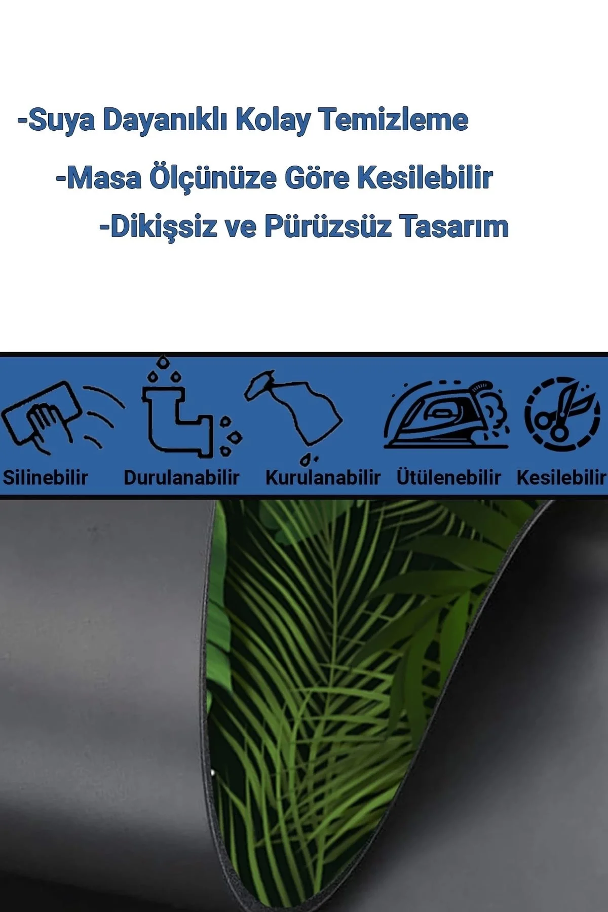 SonicTouch Tropikal Palmiye Yaprağı Kaymaz Deri Dikişsiz Silinebilir Yıkanabilir Yeşil Masa Matı Pad 70x140cm