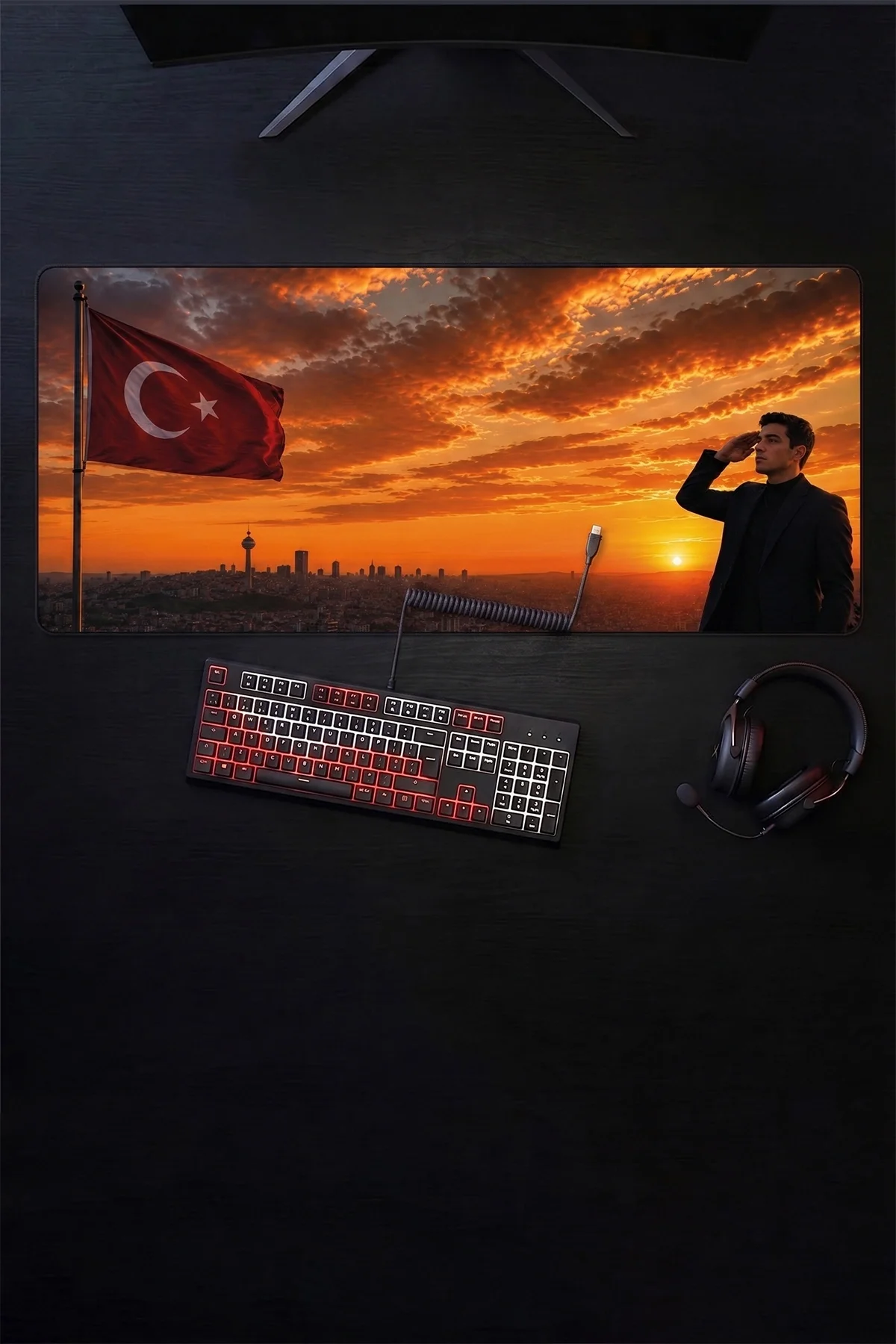SonicTouch Türk Bayrağına Selam İlelebet Göklerde Kişiye Özel Fotoğraflı Klavye Mousepad 40x90cm