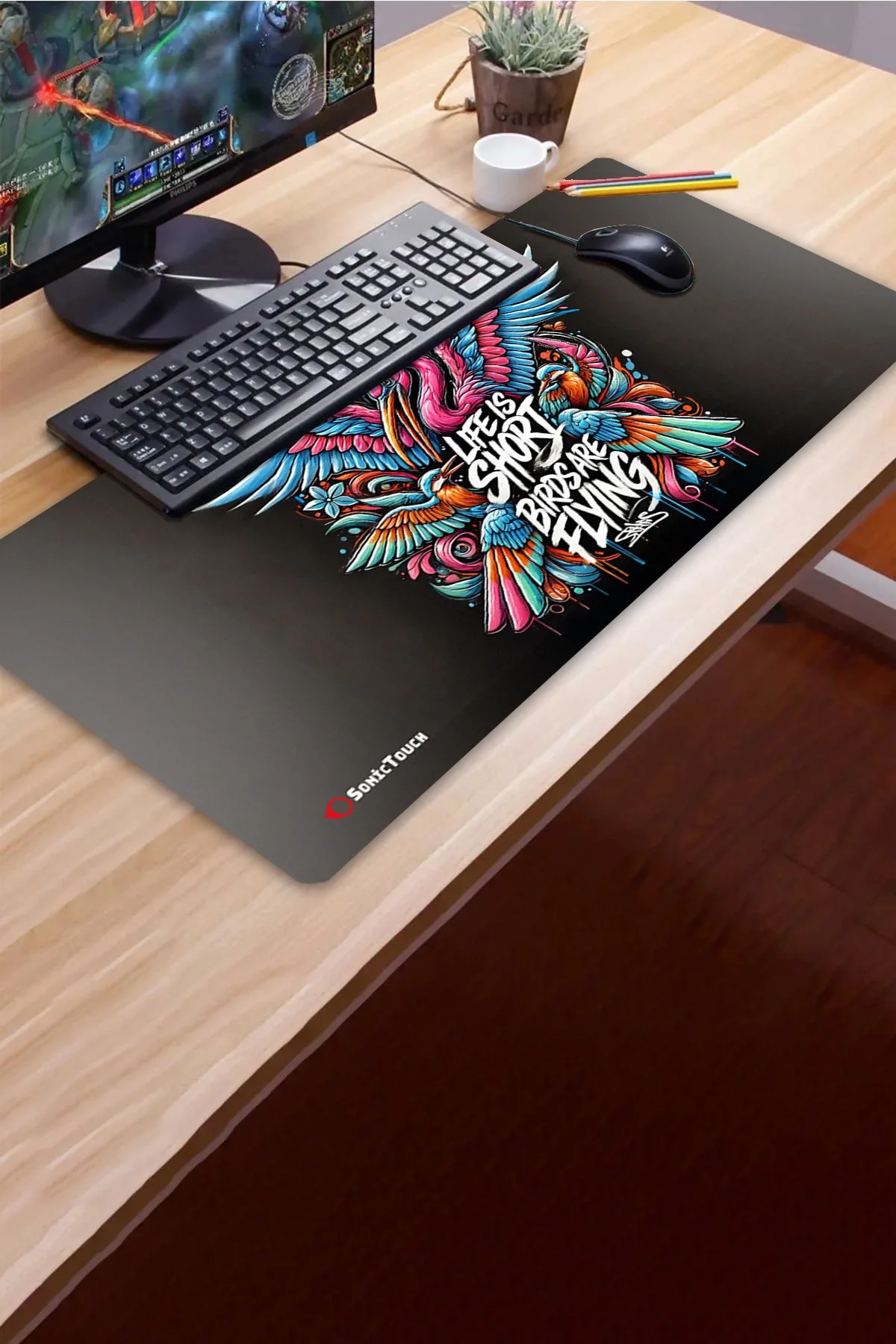 SonicTouch UltraGrand Hayat Kısa Kuşlar Uçuyor Grafiti Xxl Sıvı Geçirmez Gamer Oyuncu Klavye Mouse Pad 40x90Cm
