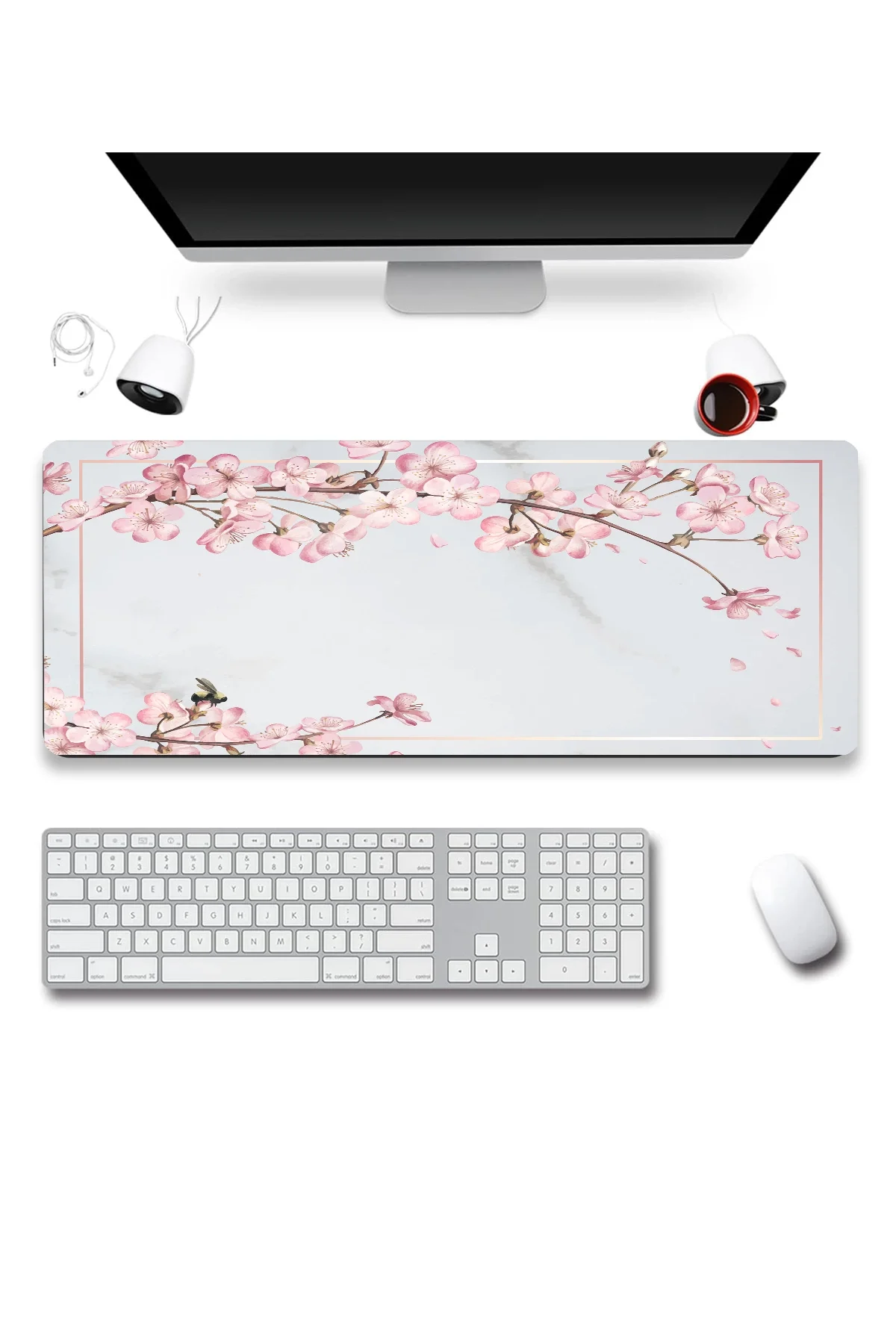 SonicTouch UltraGrand Bahar Dalları Gri Pembe Dikişsiz Xxl Gaming Oyuncu Masaüstü Klavye Mouse Pad 40x90Cm