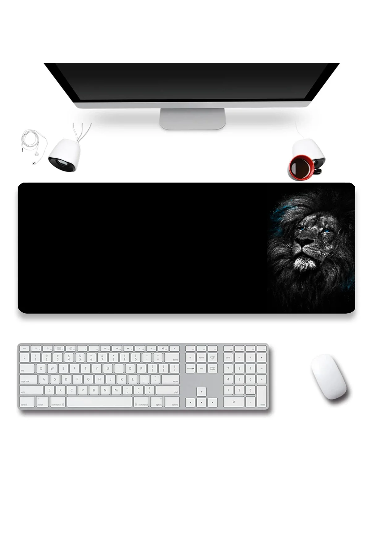 SonicTouch UltraGrand Mavi Gözlü Aslan Dikişsiz Xxl Gaming Oyuncu Masaüstü Siyah Beyaz Klavye Mouse Pad 40x90Cm