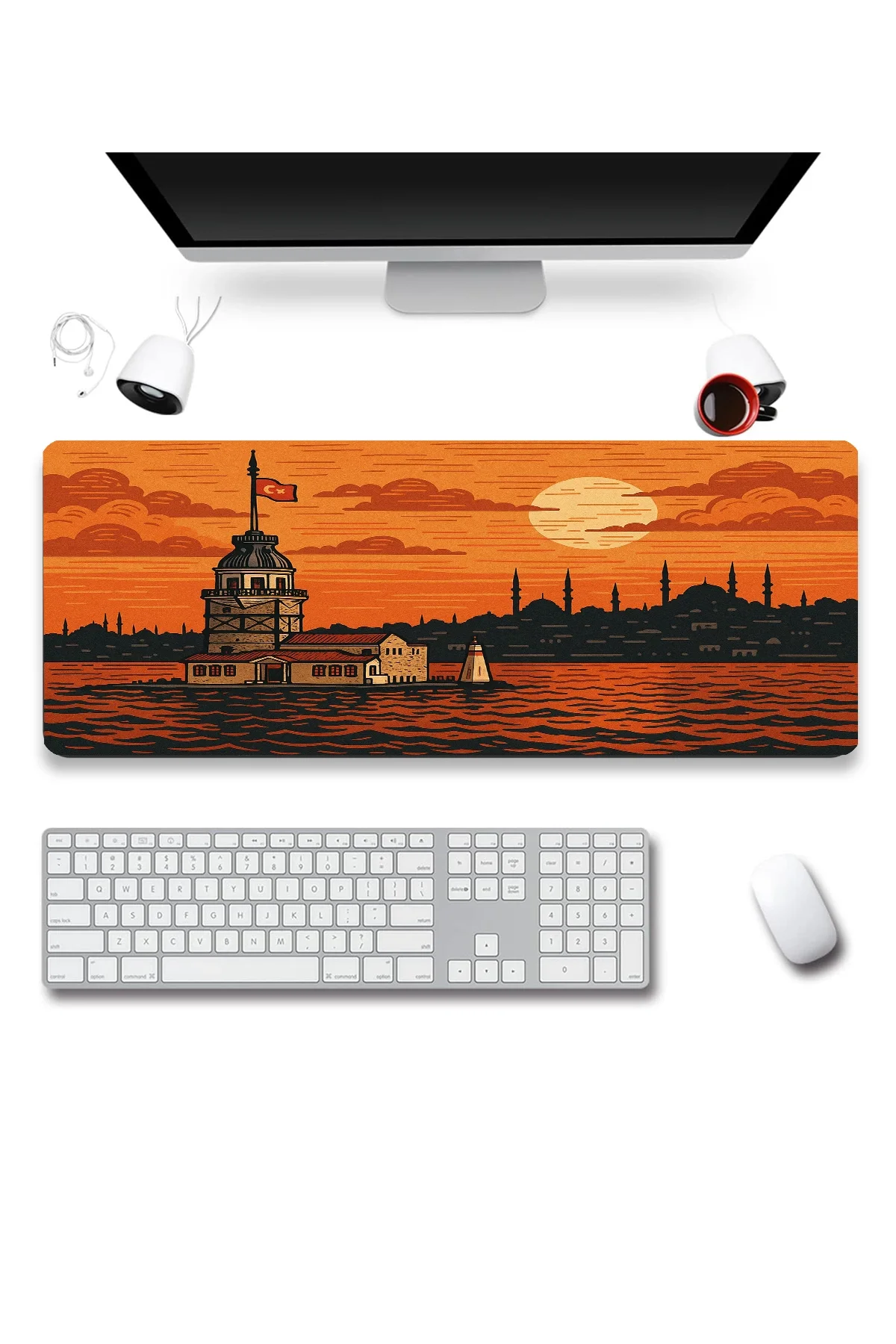 SonicTouch UltraGrand Kız Kulesi ve İstanbul Silueti Turuncu Dikişsiz Xxl Gaming Oyuncu Masaüstü Klavye Mouse Pad 40x90Cm