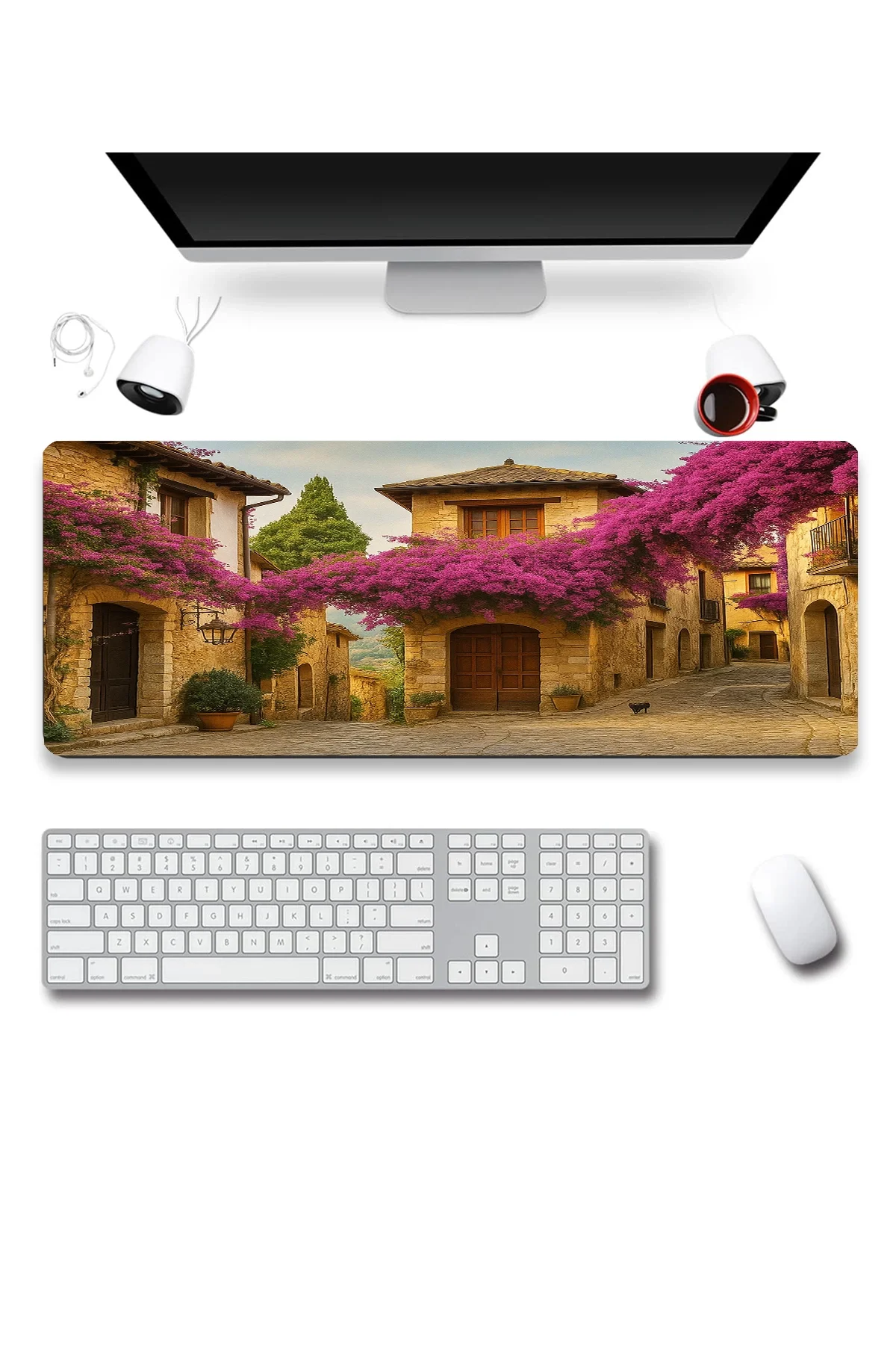SonicTouch UltraGrand Leylak Çiçekli Taş Evler Dikişsiz Xxl Gaming Oyuncu Masaüstü Mor Klavye Mouse Pad 40x90Cm