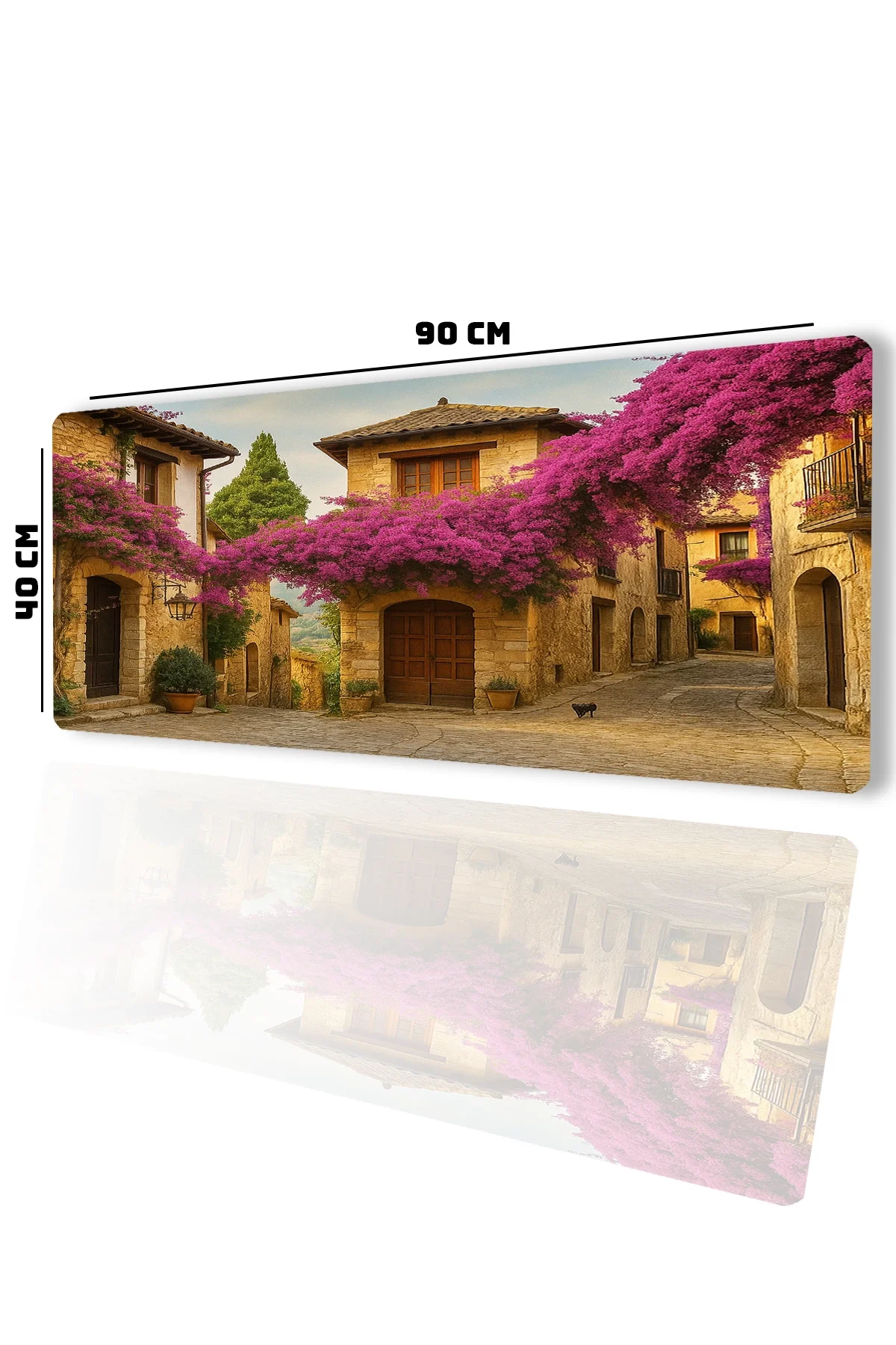 SonicTouch UltraGrand Leylak Çiçekli Taş Evler Dikişsiz Xxl Gaming Oyuncu Masaüstü Mor Klavye Mouse Pad 40x90Cm