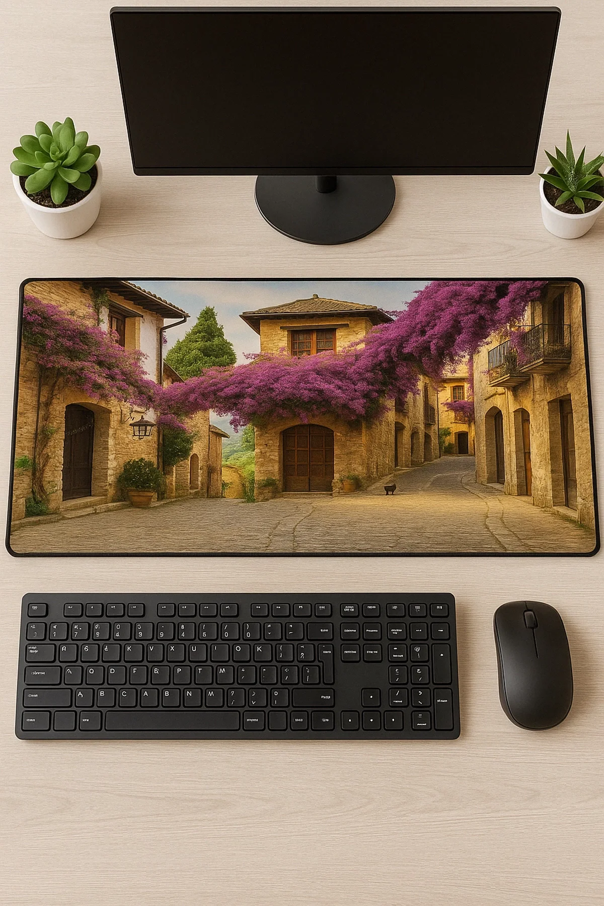 SonicTouch UltraGrand Leylak Çiçekli Taş Evler Dikişsiz Xxl Gaming Oyuncu Masaüstü Mor Klavye Mouse Pad 40x90Cm