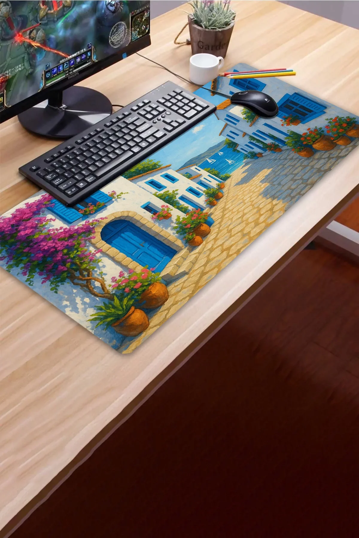 SonicTouch UltraGrand Mavi Beyaz Bodrum Evleri Dikişsiz Xxl Gaming Oyuncu Masaüstü Klavye Mouse Pad 40x90Cm