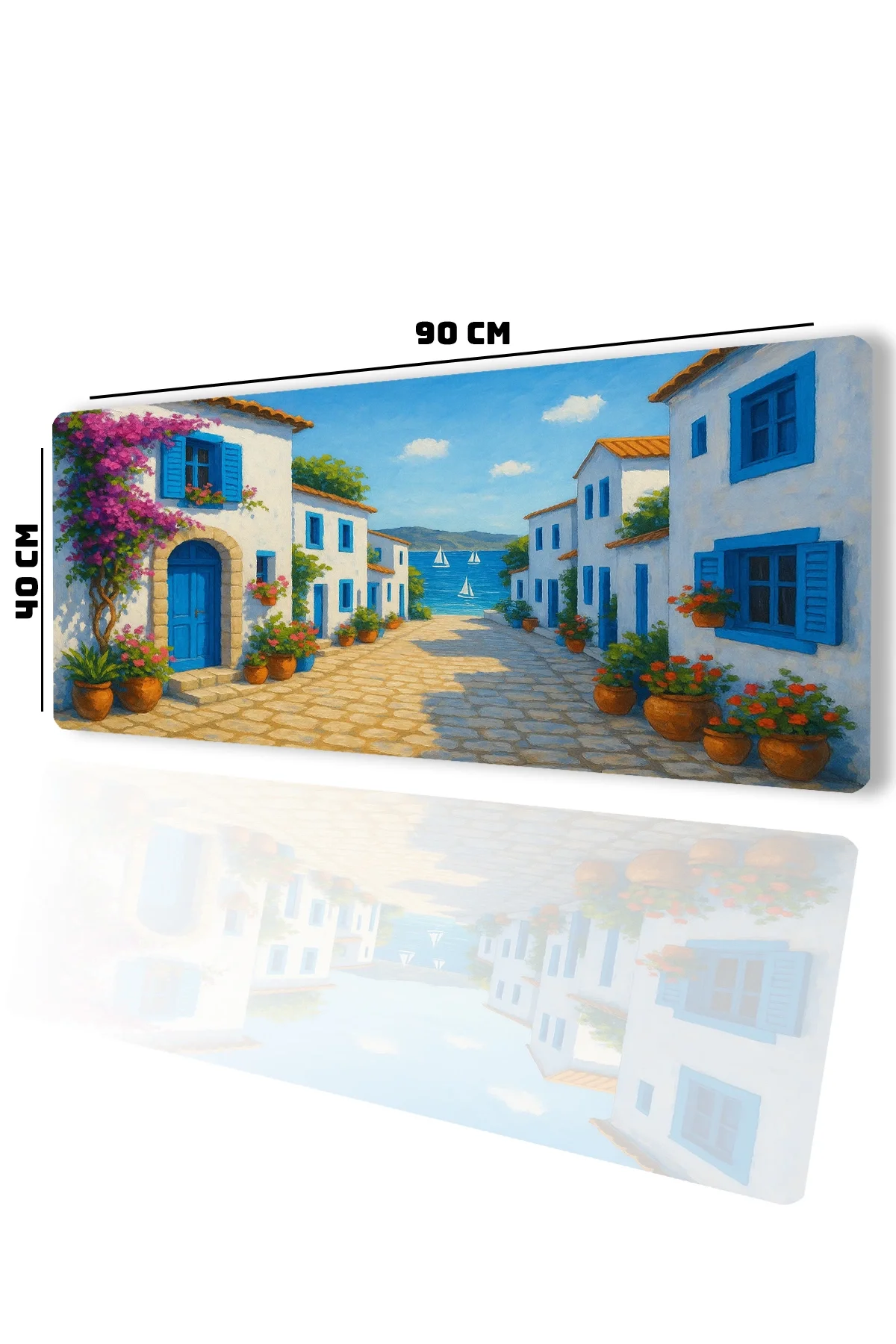 SonicTouch UltraGrand Mavi Beyaz Bodrum Evleri Dikişsiz Xxl Gaming Oyuncu Masaüstü Klavye Mouse Pad 40x90Cm