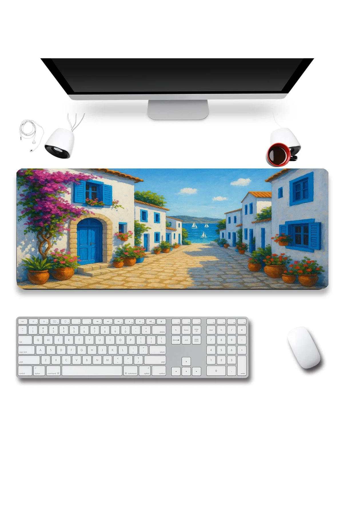 SonicTouch UltraGrand Mavi Beyaz Bodrum Evleri Dikişsiz Xxl Gaming Oyuncu Masaüstü Klavye Mouse Pad 40x90Cm