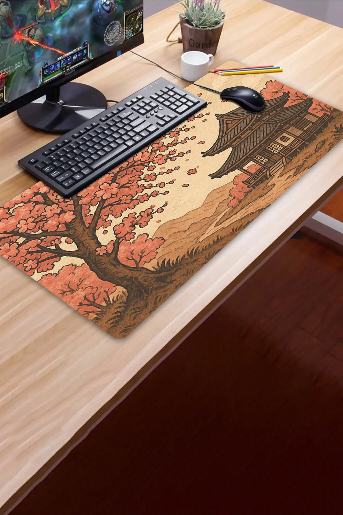 SonicTouch UltraGrand Japon Kiraz Ağacı ve Japon Evi Dikişsiz Xxl Gaming Oyuncu Masaüstü Pembe Klavye Mouse Pad 40x90Cm