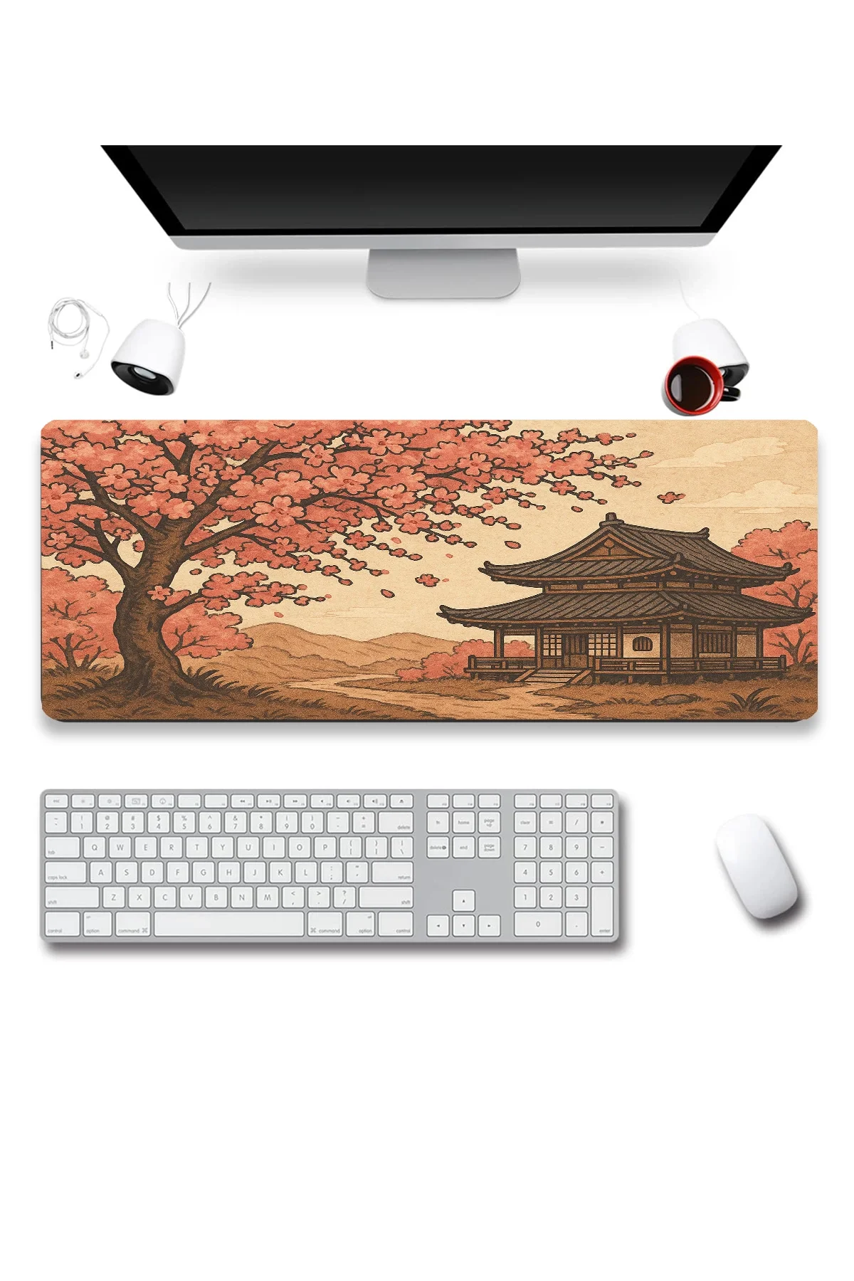 SonicTouch UltraGrand Japon Kiraz Ağacı ve Japon Evi Dikişsiz Xxl Gaming Oyuncu Masaüstü Pembe Klavye Mouse Pad 40x90Cm