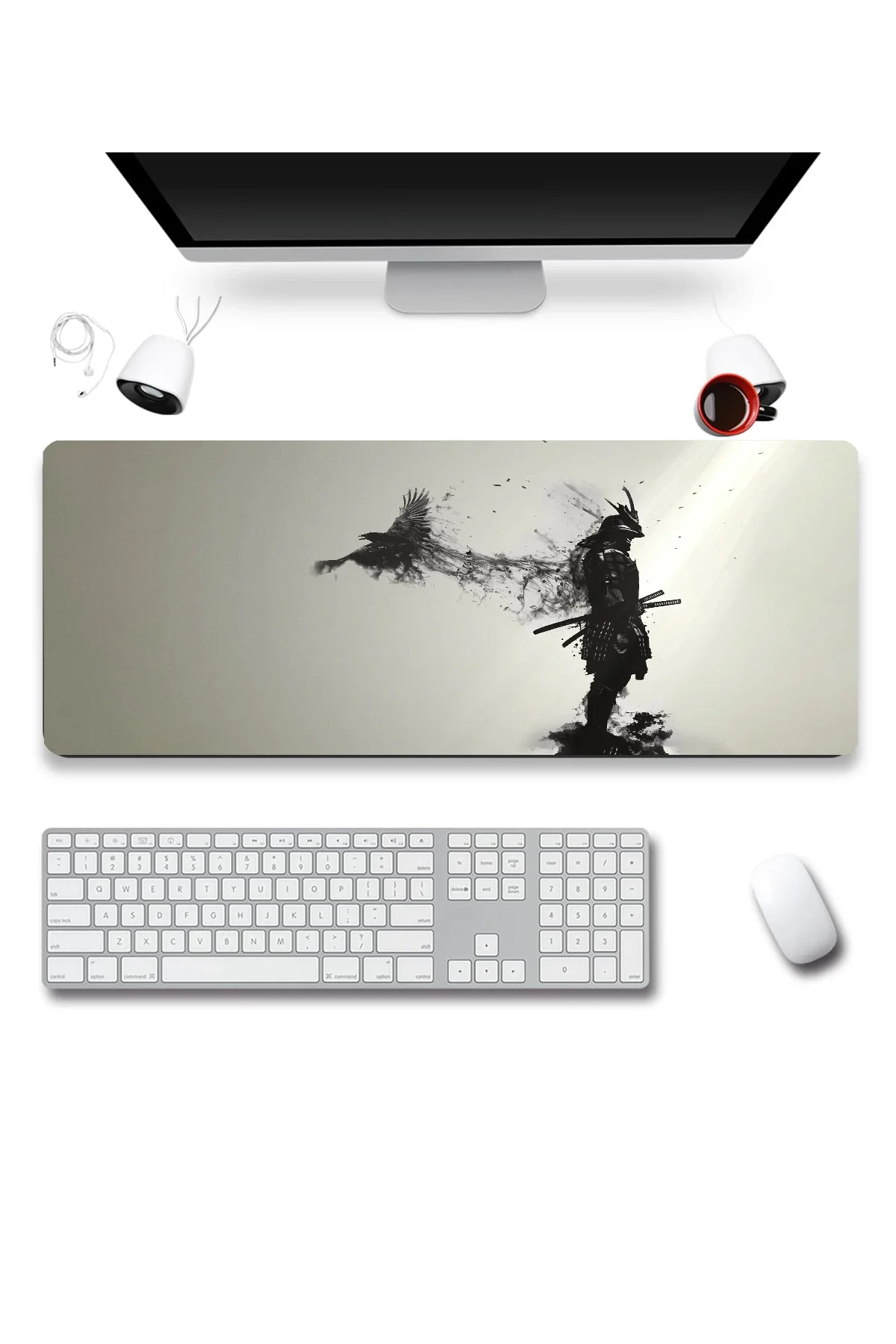SonicTouch UltraGrand Kuzgun ve Samuray Dikişsiz Xxl Gaming Oyuncu Masaüstü Siyah Beyaz Klavye Mouse Pad 40x90Cm