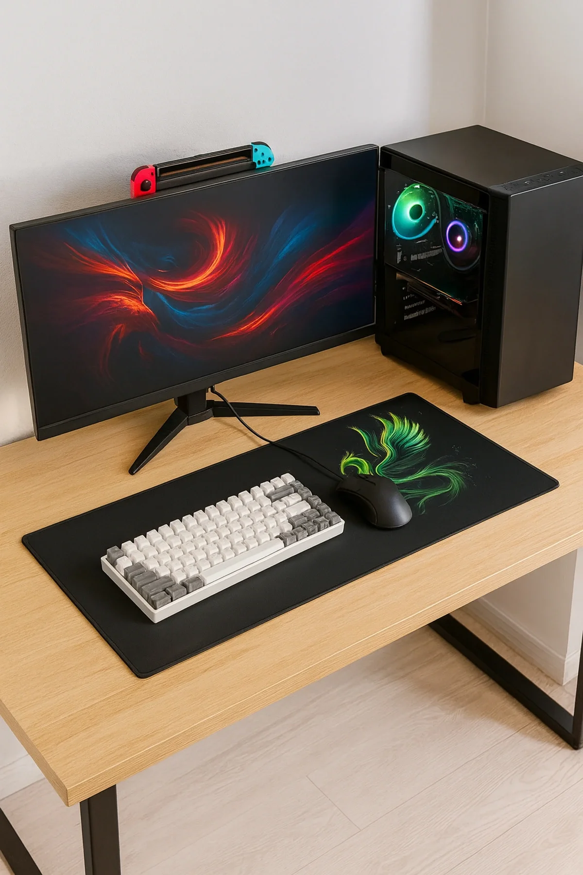 SonicTouch UltraGrand Siyah Neon Yeşili Anka Kuşu Dikişsiz Xxl Gaming Oyuncu Masaüstü Klavye Mouse Pad 40x90Cm