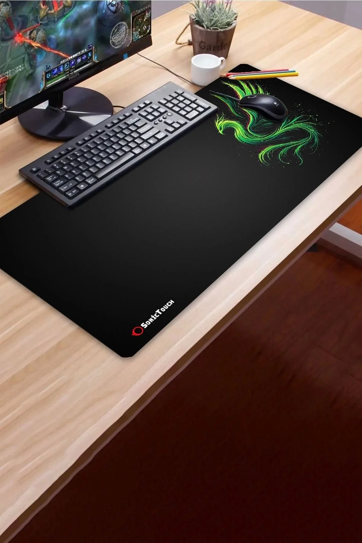SonicTouch UltraGrand Siyah Neon Yeşili Anka Kuşu Dikişsiz Xxl Gaming Oyuncu Masaüstü Klavye Mouse Pad 40x90Cm