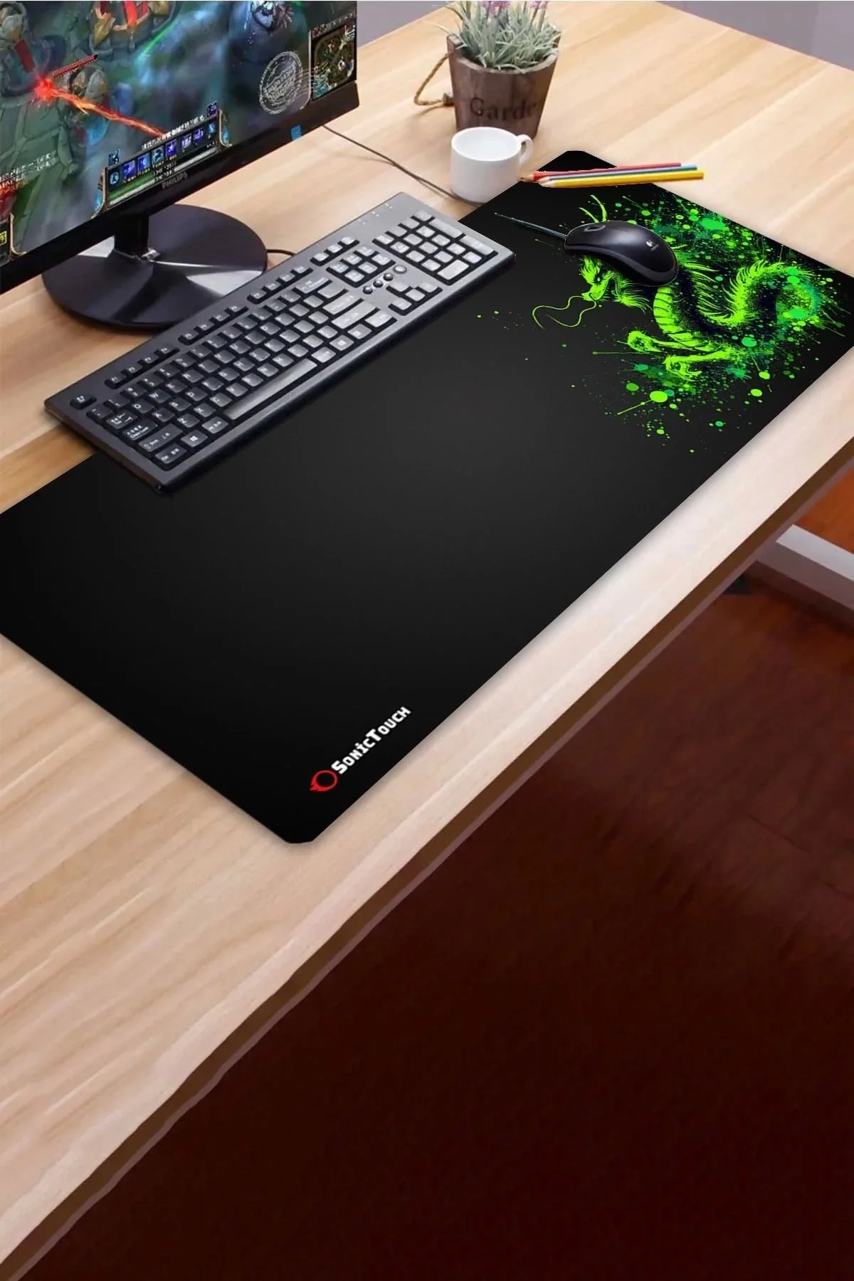 SonicTouch UltraGrand Siyah Neon Yeşili Ejder Dragon Dikişsiz Xxl Gaming Oyuncu Masaüstü Klavye Mouse Pad 40x90Cm