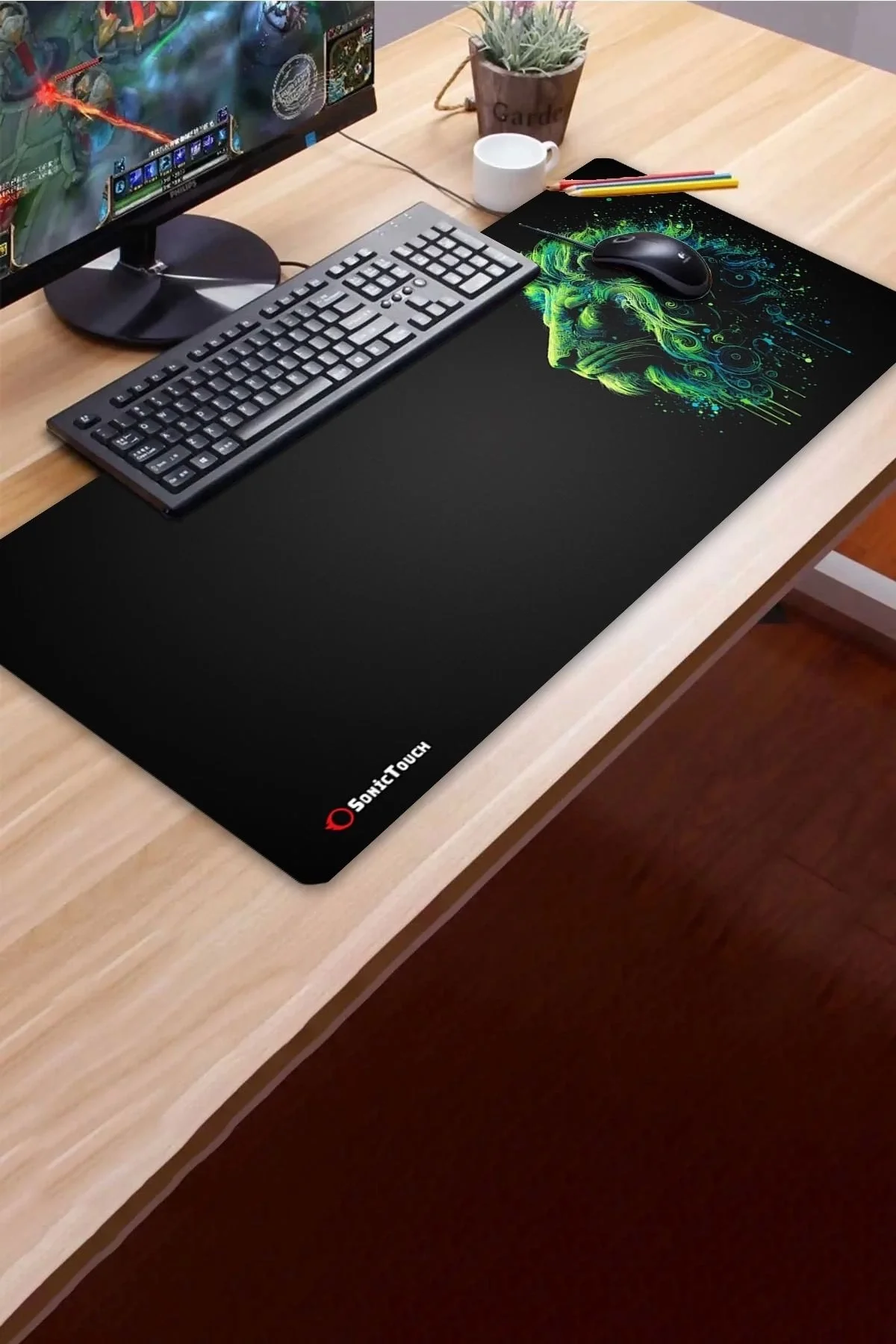 SonicTouch UltraGrand Siyah ve Neon Yeşili Aslan Dikişsiz Xxl Gaming Oyuncu Masaüstü Klavye Mouse Pad 40x90Cm