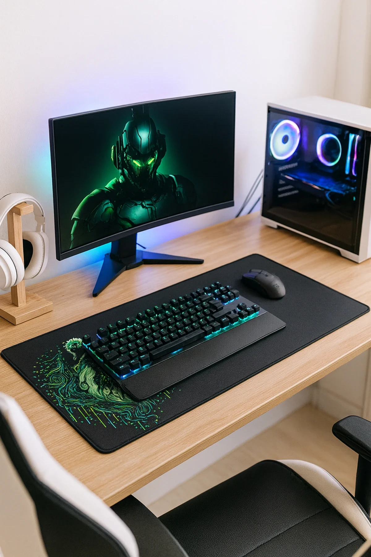 SonicTouch UltraGrand Siyah ve Neon Yeşili Kaplan Dikişsiz Xxl Gaming Oyuncu Masaüstü Klavye Mouse Pad 40x90Cm