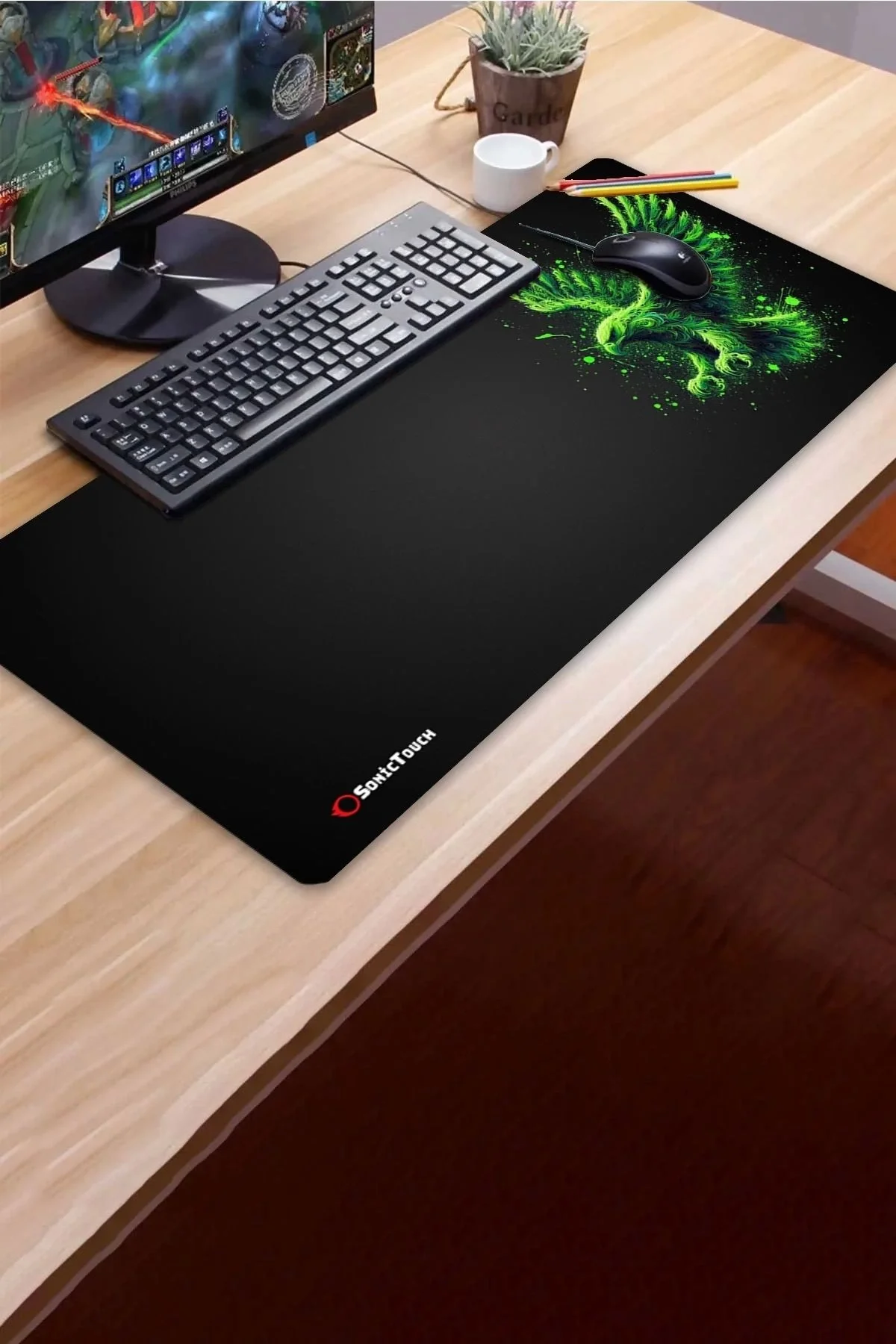 SonicTouch UltraGrand Siyah ve Neon Yeşili Kartal Dikişsiz Xxl Gaming Oyuncu Masaüstü Klavye Mouse Pad 40x90Cm