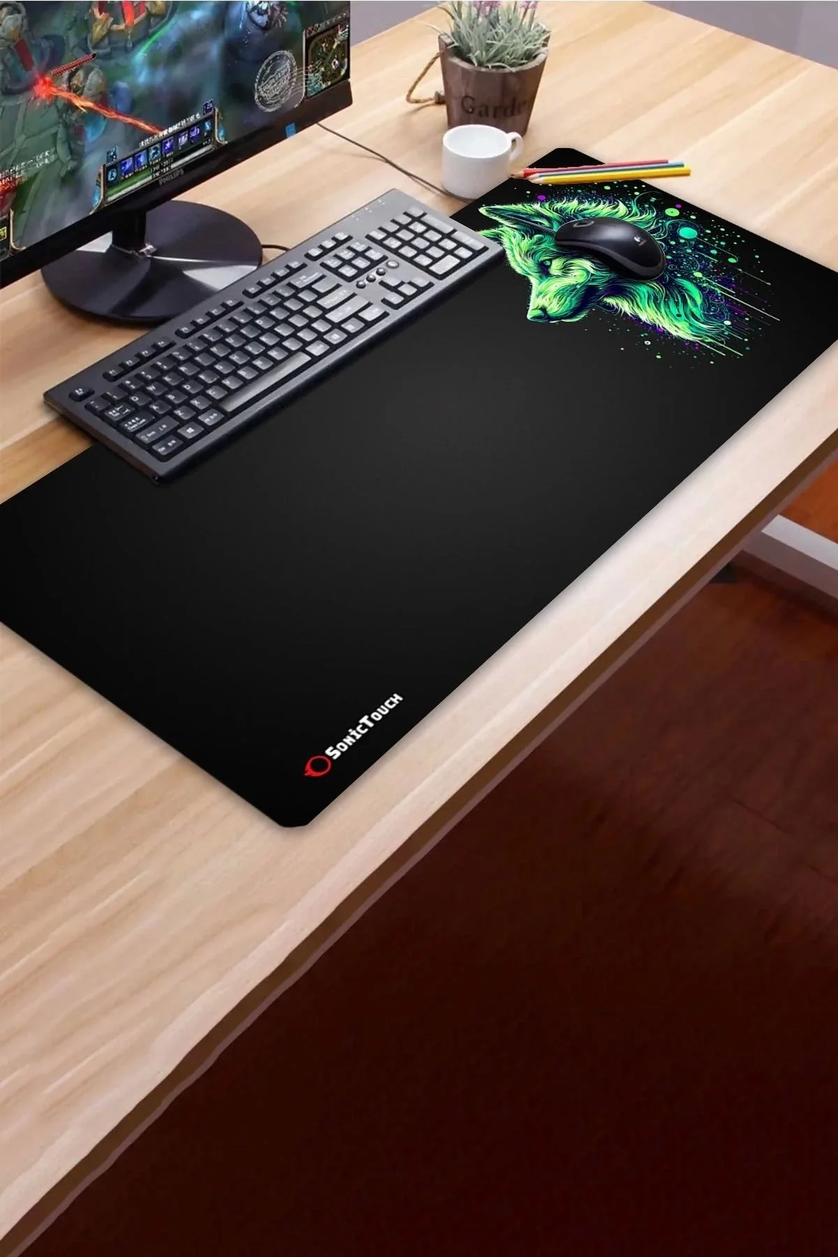 SonicTouch UltraGrand Siyah ve Neon Yeşili Kurt Dikişsiz Xxl Gaming Oyuncu Masaüstü Klavye Mouse Pad 40x90Cm