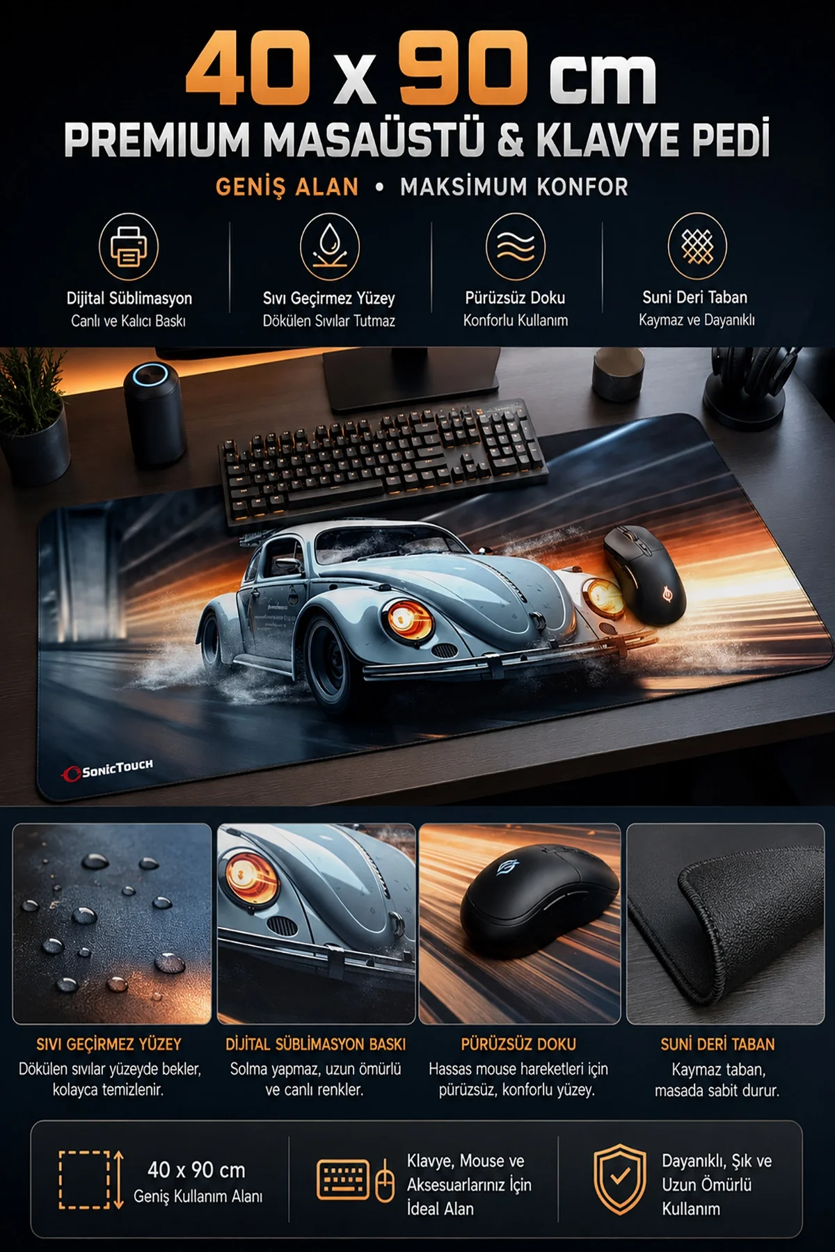 SonicTouch Klavye Mouse Pad Xxl 40x90cm Gri Vosvos Gamer Oyuncu Pürüzsüz Sıvı Geçirmez Yüzey